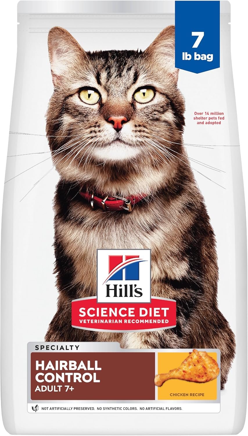 Hill’s Science Diet Adult 7+ Hairball Control Dry Cat Food, Chicken, 7 lb. Bag