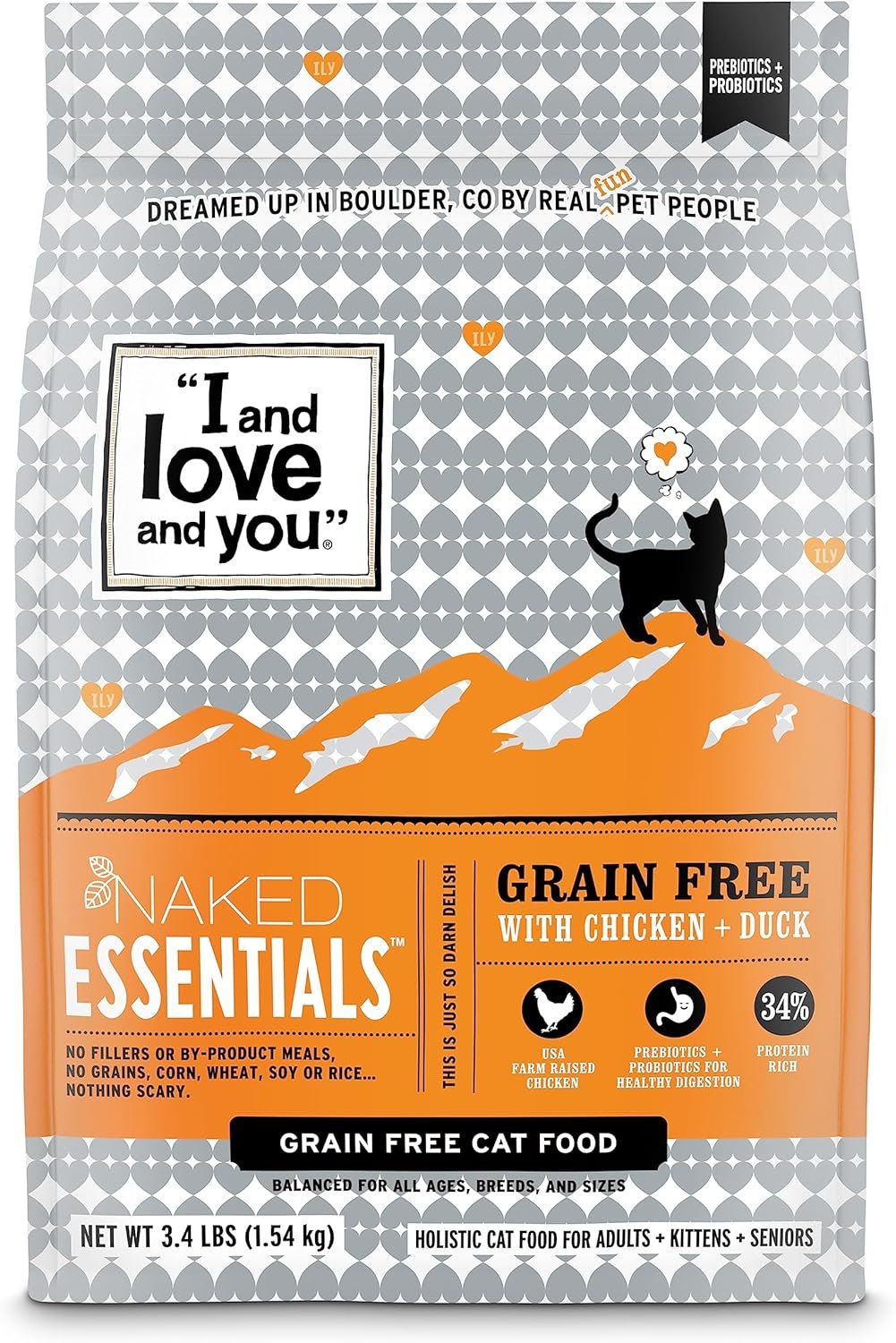 I and love and you Naked Essentials Dry Cat Food – Chicken + Duck – Grain Free, Real Meat, No Fillers, Prebiotics + Probiotics, 3.4lb Bag