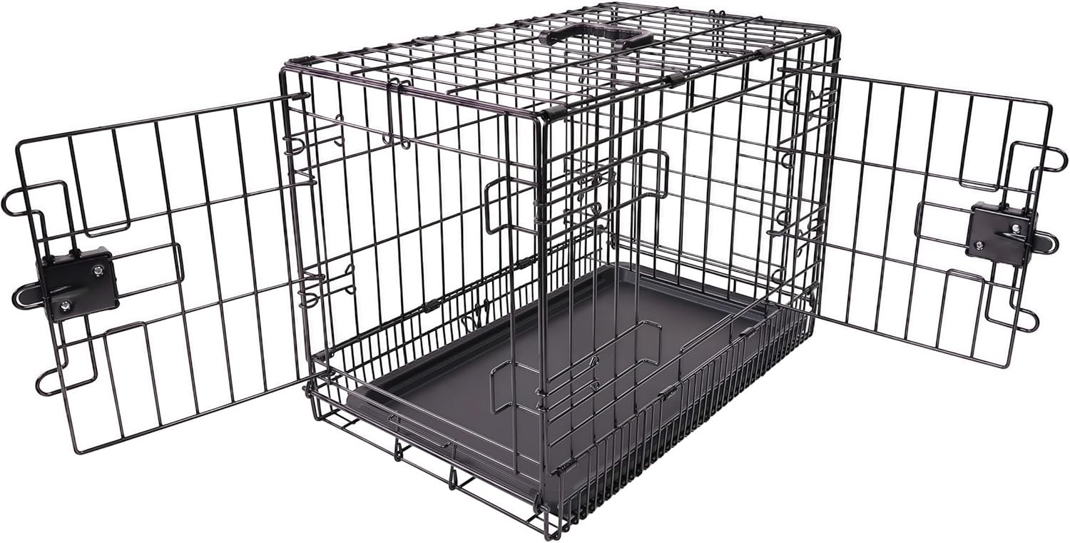 Amazon Basics Portable, Foldable Metal Wire Dog Crate with Removable Tray, Double Door, Divider Panel, 24″ x 18″ x 20″, Black