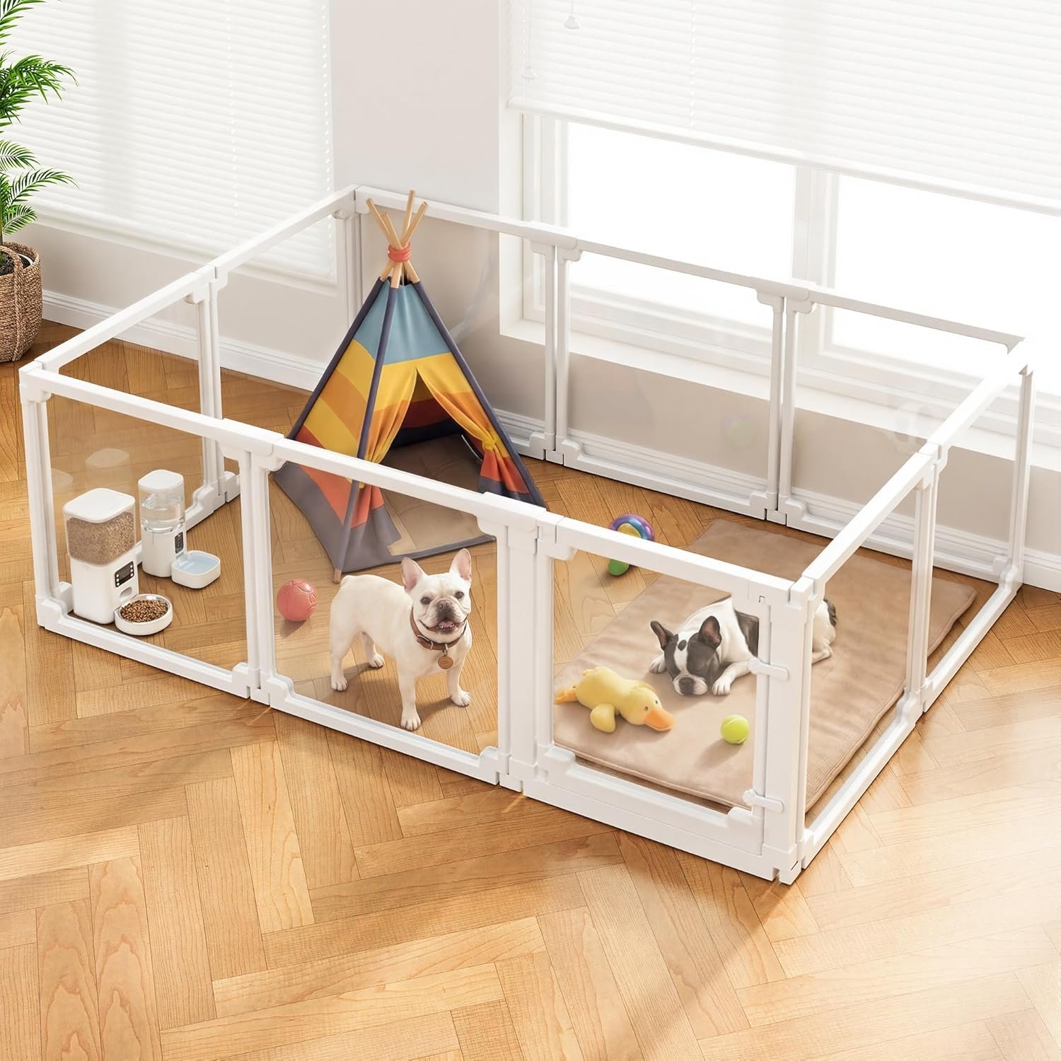 Clear Acrylic Dog Playpen Indoor,Tool-Free Assembly & Easy Clean,24 in Puppy Playpen with Door for Small Dogs/Cats/Rabbits/Pigs/Ferret,Indoor and Outdoor Use,10 Panels(White)