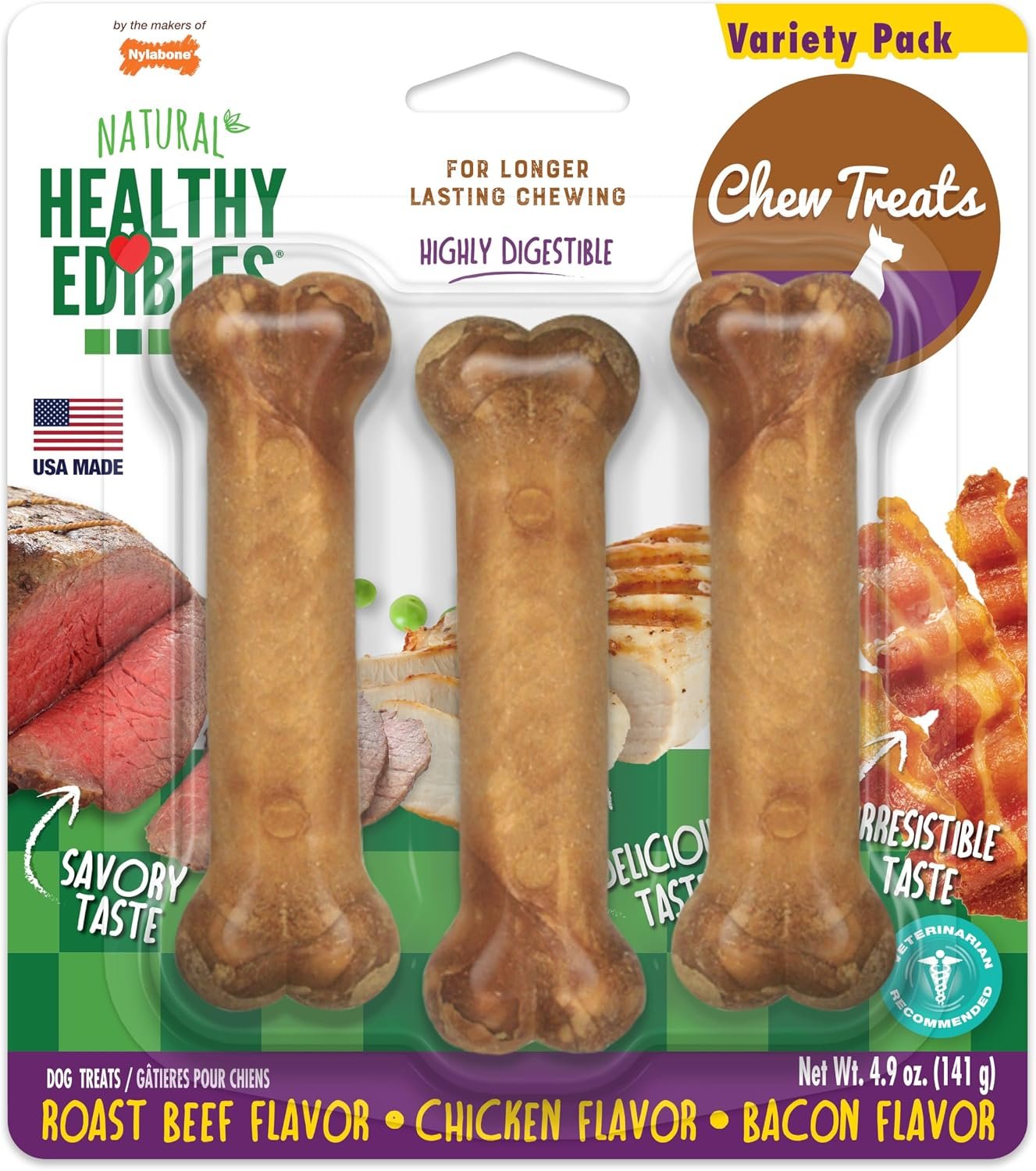 Nylabone Healthy Edibles Natural Dog Chews, Long Lasting Bones for Dogs, Roast Beef, Chicken & Bacon Flavor Dog Treats, Small (3 Count)