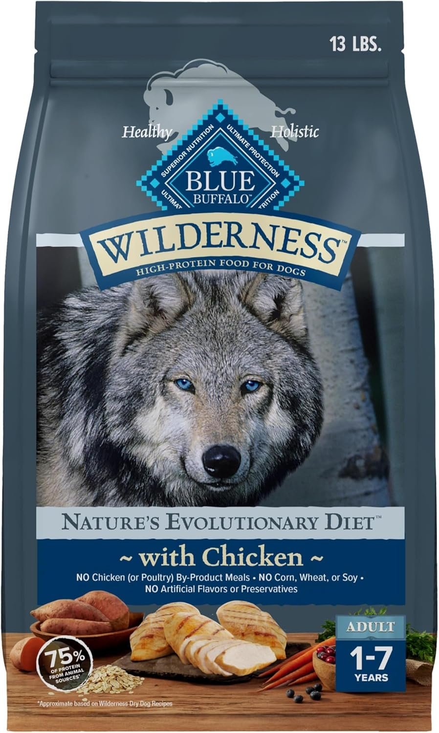 Blue Buffalo Wilderness Chicken Adult Dry Dog Food with Wholesome Grains + Antioxidant-Rich Fruits & Veggies, 34g Protein, Vibrant Energy for an Active Life, Made with Natural Ingredients, 13 lbs.