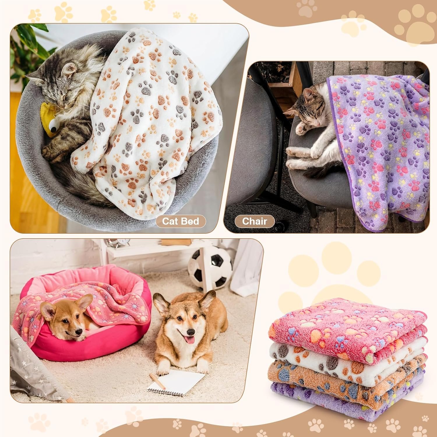 Tatuo 4 Pack Fleece Dog Blankets for Puppy Cats Multi-Size Sleep Mat for Pet Guinea Pig Soft Washable Warm Crate Bed Puppy Teething Toys Print Pattern Blanket Indoor(Mixed Color,24 x 16 Inch,Paw)