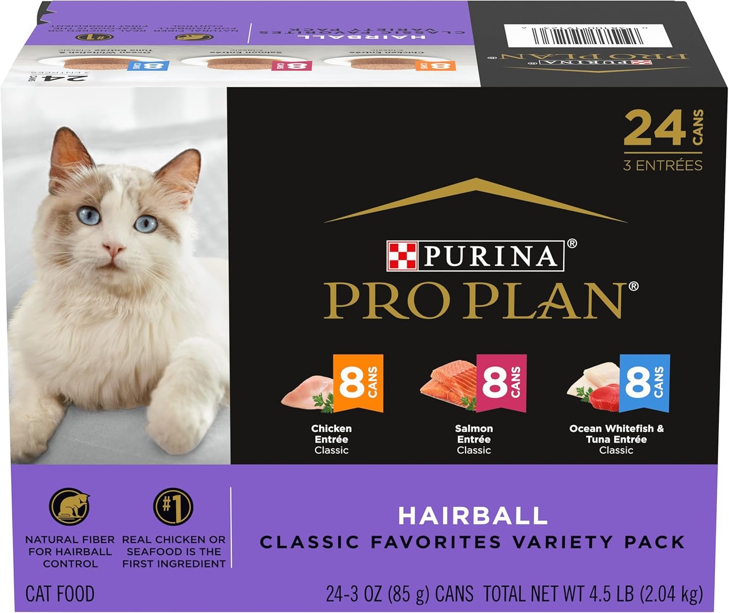 Purina Pro Plan Hairball Control Cat Food, Wet Cat Food Variety Pack, Hairball Control Entrees – (Pack of 24) 3 oz. Cans
