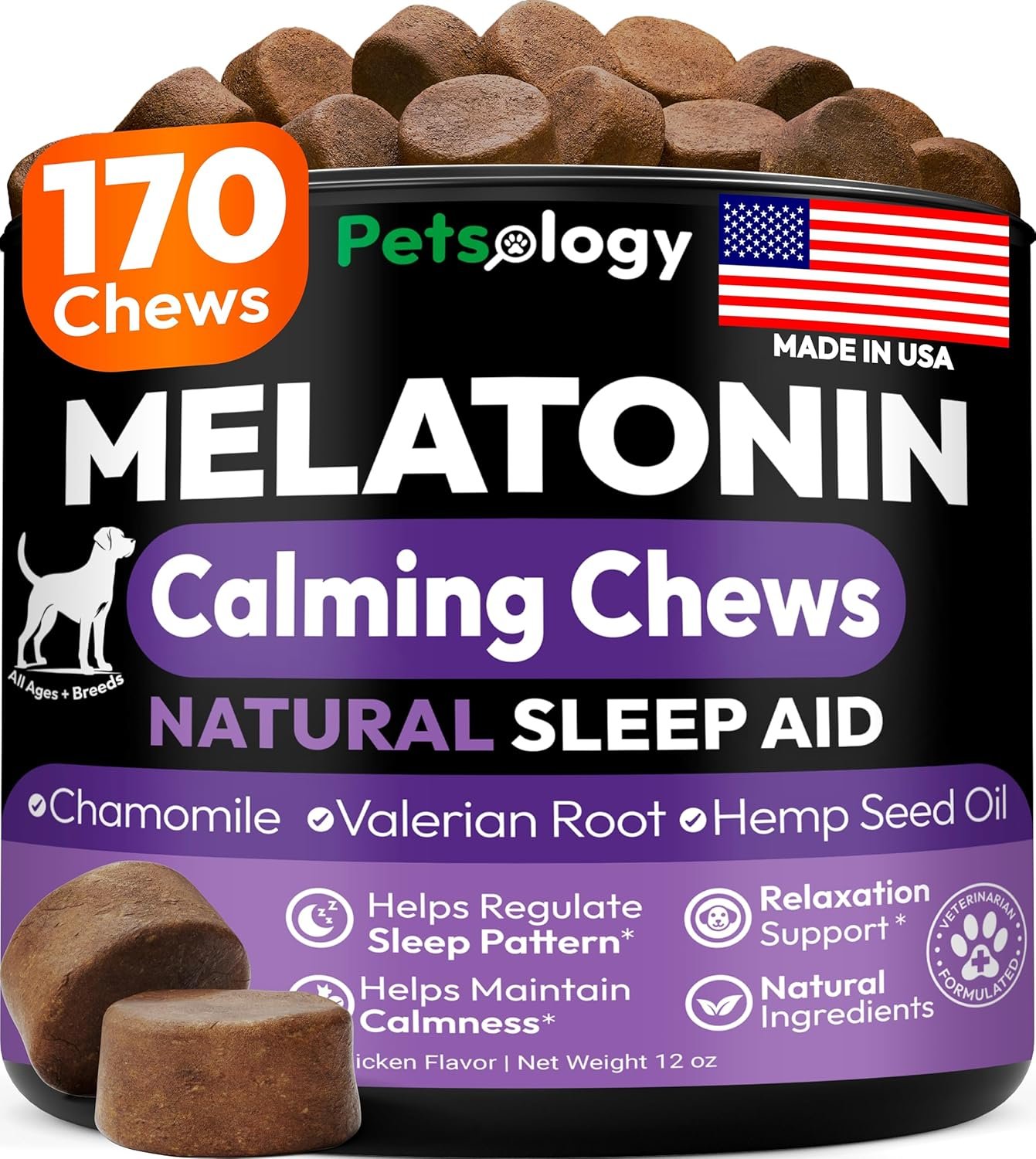 Advanced Melatonin for Dogs – 170 Dog Melatonin Calming Chews for Small and Large Dogs – Natural Hemp Dog Sleep Aid, Puppy Sleeping Pills, Anxiety, Stress, Separation, Barking, Fireworks – Made in USA