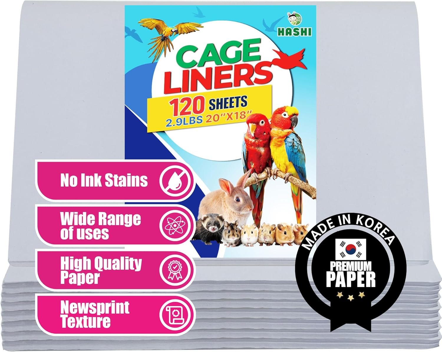 HA SHI Bird Cage Liners, 120 Disposable Newsprint Sheets, Unscented Paper for Pet Enclosures, Packing and Crafts (Standard (20″ x 18″))