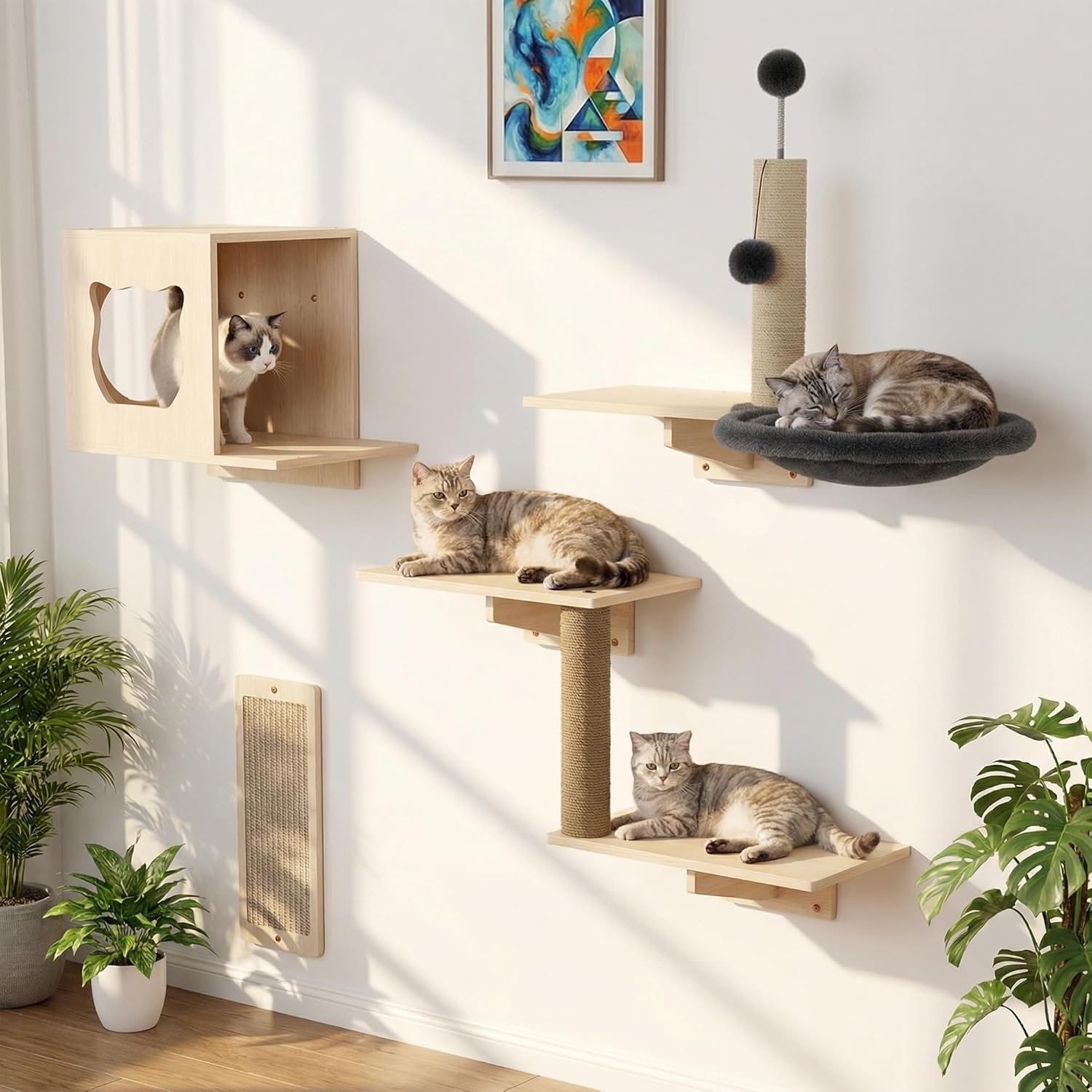 Cat Wall Shelves, Wooden 6-Piece Multi-Level Cat Climbing Furniture, House, Steps, Sisal Scratcher, Perches Bed & Ball, Space-Saving Wall Mounted Cats Shelves for Play & Rest