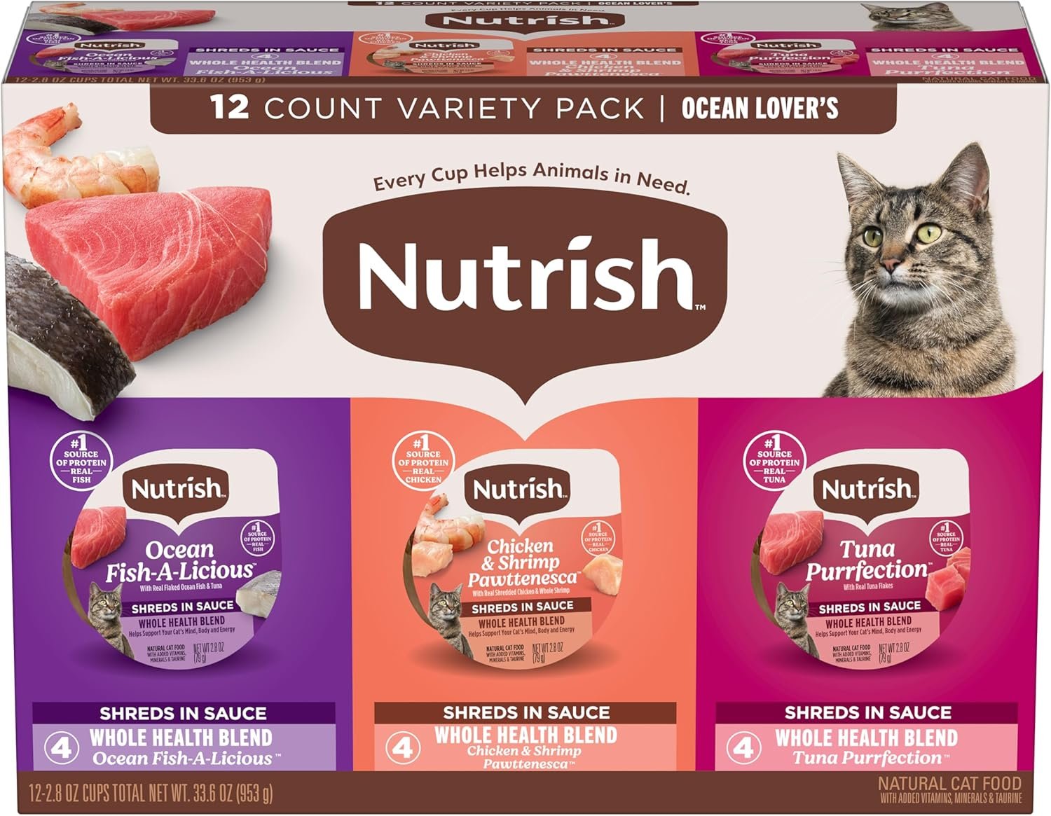 Nutrish Grain Free Ocean Lover’s Whole Health Blend Variety Pack Wet Cat Food, 2.8 oz. Cup, 12 Count (Rachael Ray)