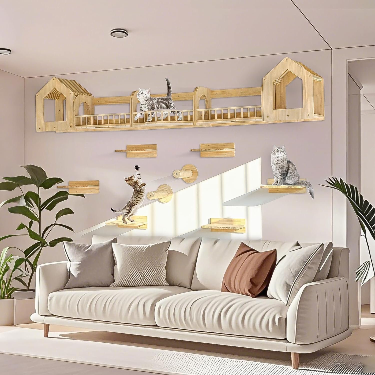 Cat Wall Shelves and Furniture Set with Condos, Perches, Bridge Ladders, Sisal Scratching Posts – Steps and Houses for Cats (D)