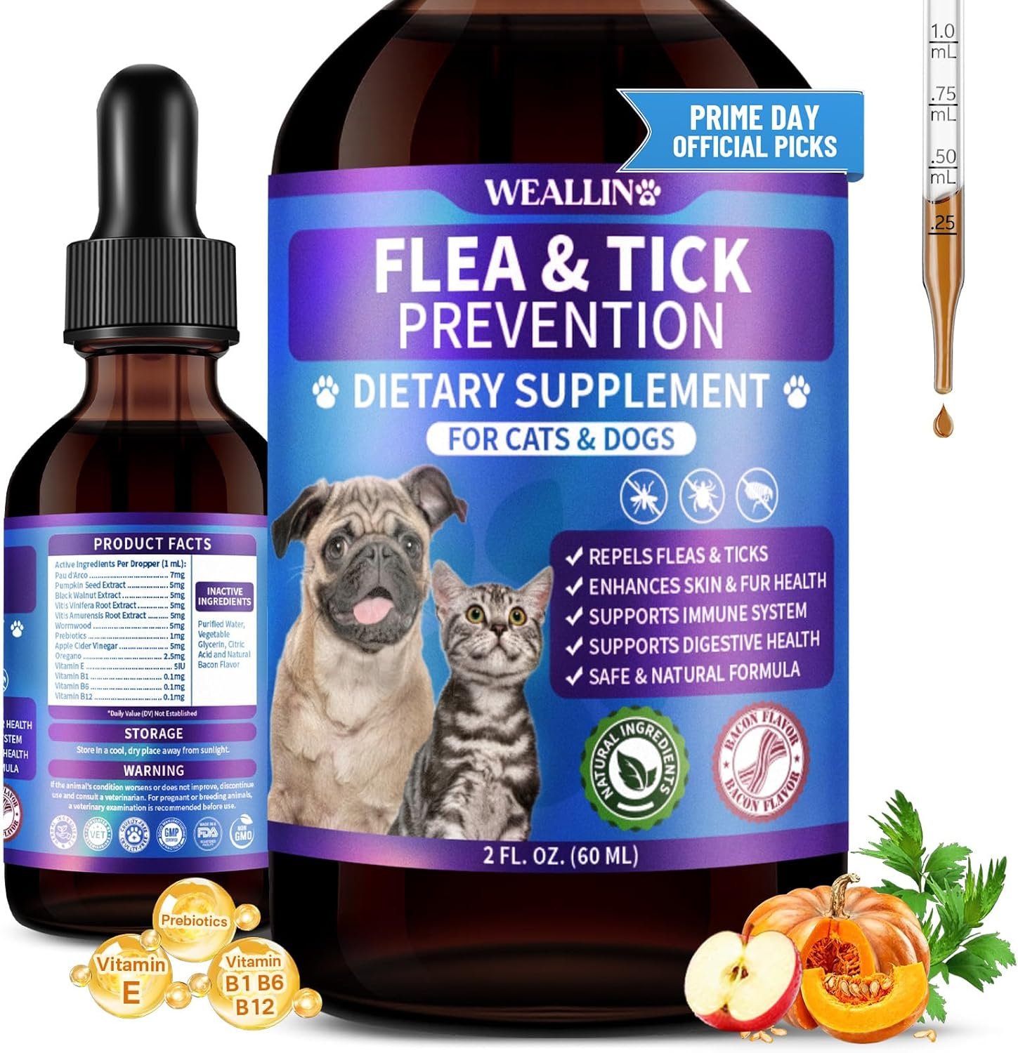 WEALLIN Flea and Tick Prevention for Cats and Dogs Natural Flea Treatment Support Drops with Multivitamin for Pets Oral Natural Supplement Flea and Tick Treatment Drops for All Breeds and Ages