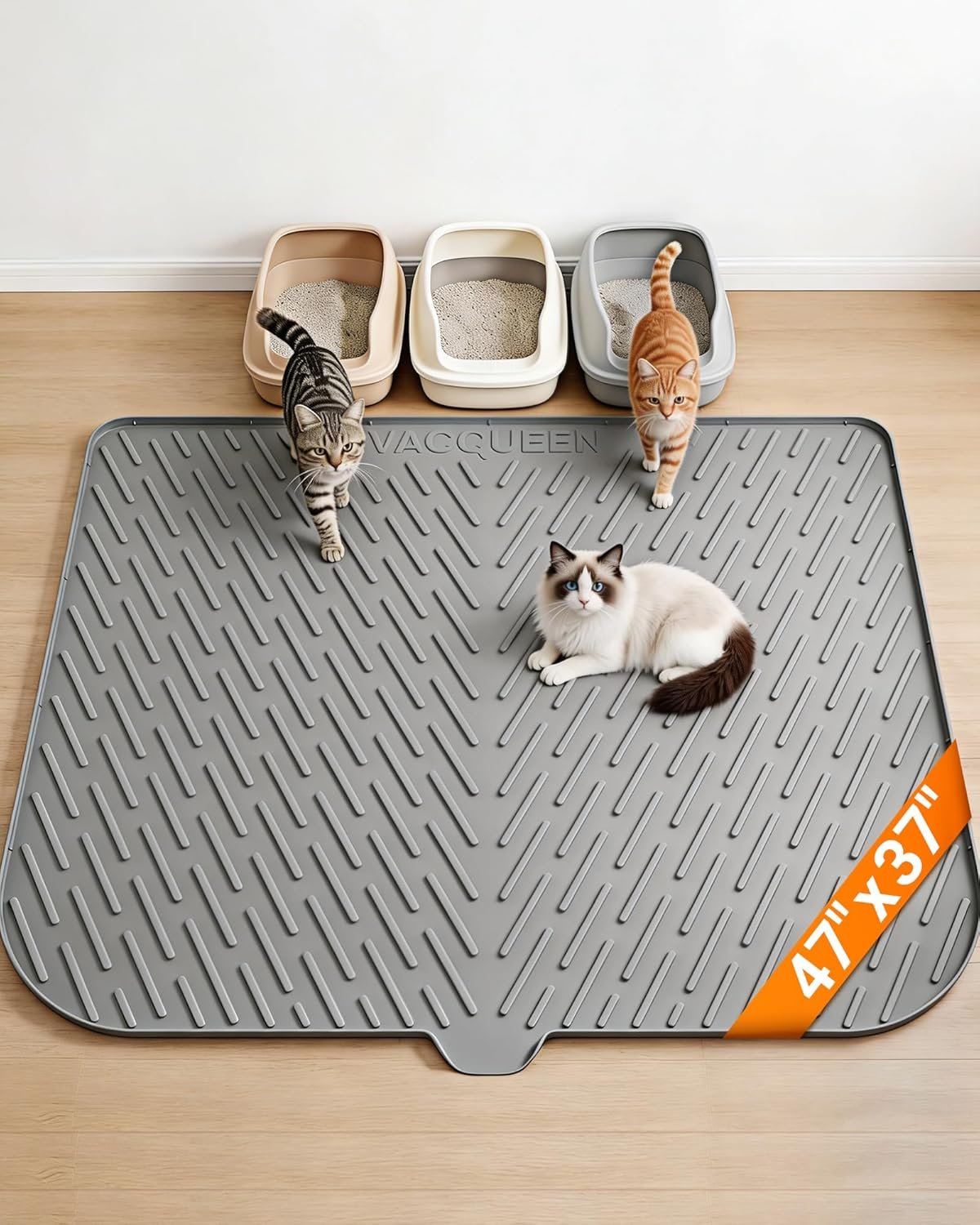 Cat Litter Box Mat, 47″ x 37″ Extra Large Cat Litter Mat, Silicone Waterproof Litter Trapping Mat for Scatter Control Soft on Kitty Paws Non-Slip Easy to Clean (Grey)