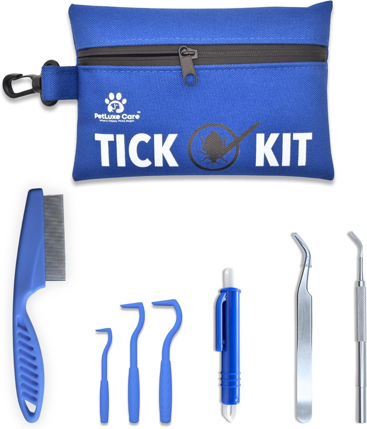 Complete Tick Removal Kit for Dogs & Cats – Tick Remover Tool Set with 3 Size Hooks, Tick Comb & Stainless Steel Precision Tick Remover + Tweezers, Travel Pouch – Safe, Fast Tick Removal (1)