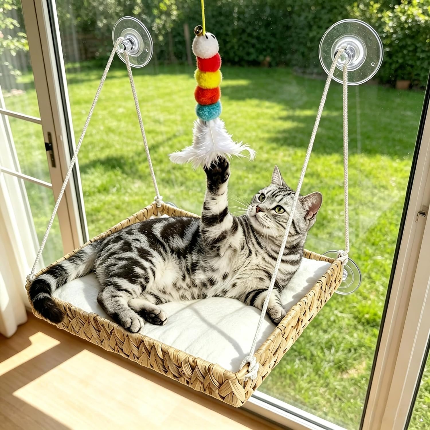 Cat Window Perch with Industrial-Grade Suction Cups and Ball Toy, Cat Window Hammock – 45 lbs Capacity, Handwoven Straw Sturdy Hanging Bed Seat Soft Cushion for Large Heavy Cats