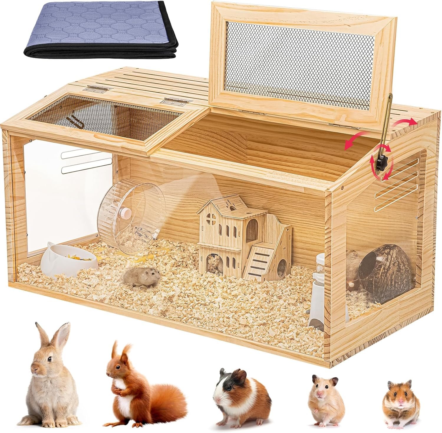 Hamster Cage 32-Inch Large Chewproof Wooden Habitat, 270° Panoramic Acrylic View, Bite-Proof Mesh & Top Dual Access Doors, for Syrian/Dwarf Hamsters, Guinea Pigs, Chinchillas & Gerbils