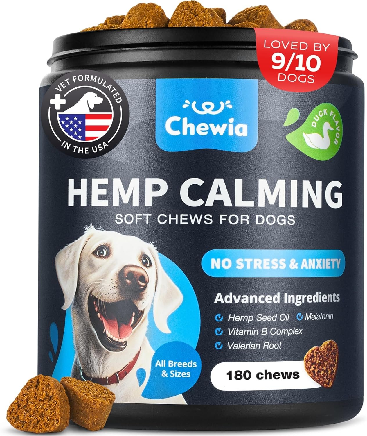 Hemp Calming Chews for Dogs Anxiety – Dog Calming Treats with Melatonin, Valerian Root, Chamomile Extract & Vitamin B Complex – Canine Chews for Vet Visits, Grooming, Travel, Thunderstorms, Fireworks