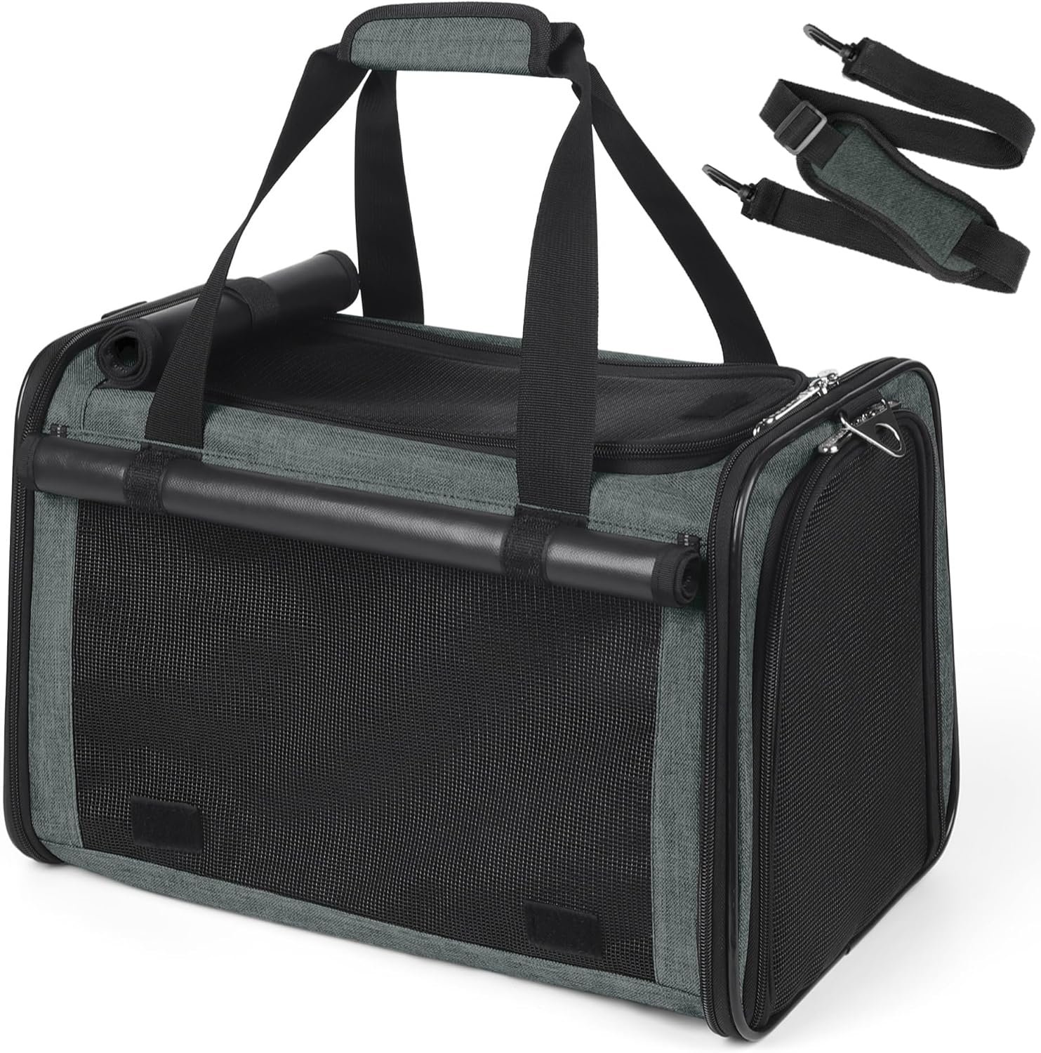 YUDODO 25lbs Cat Carrier Lightproof Soft Sided Pet Carrier for Large Cat & Small Dog Airline Approved Travel Puppy Carriers with Side Pockets & Reflective Mesh Foldable Portable for Outdoor Grey Green