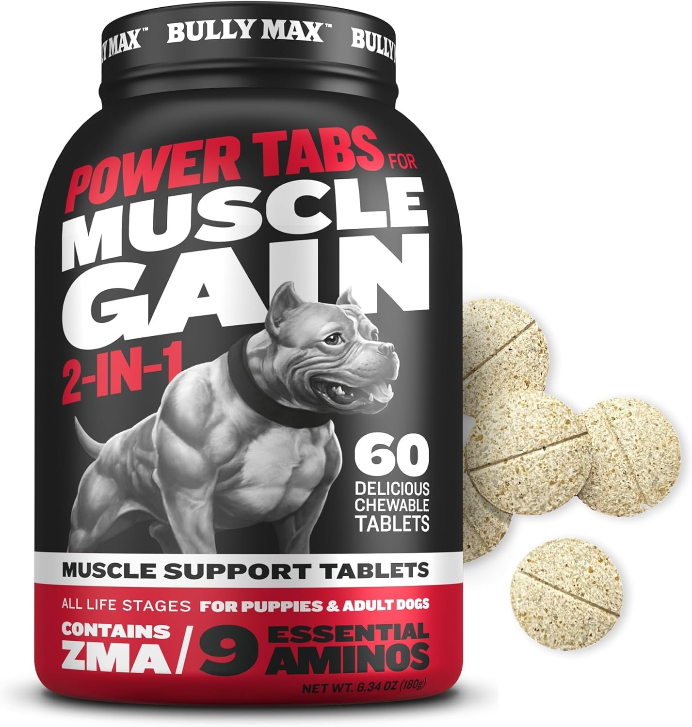 Bully Max 2-in-1 Muscle Builder Chewable Tablets for Puppies & Adult Dogs – Puppy & Dog Vitamins & Supplements for Muscle Gain & Growth – Ultimate Canine Multivitamins for All Breeds & Ages – 60 Tabs