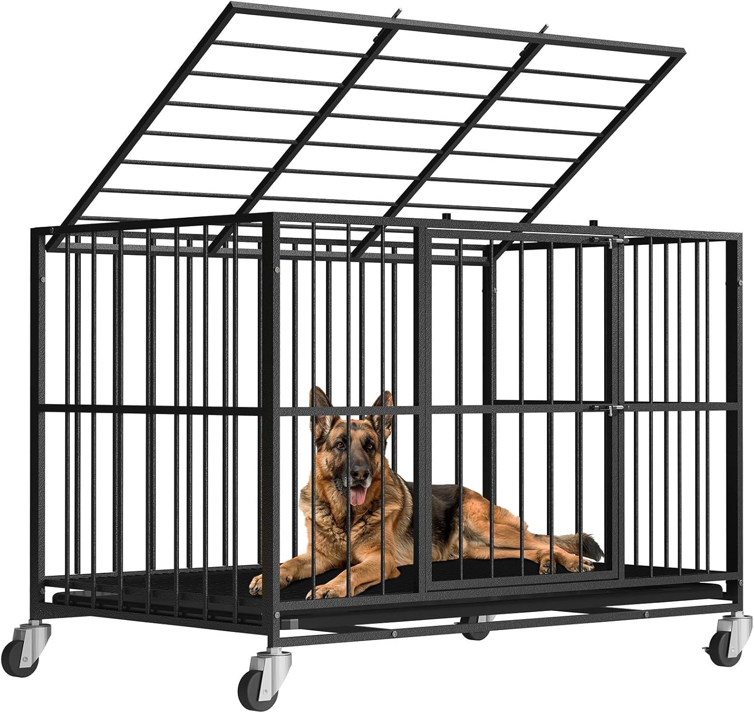 48 Inch Heavy Duty Dog Crate Steel Escape Proof, Indoor Double Door High Anxiety Cage, Removable Tray, Large Dog Kennel with Wheels, XL XXL
