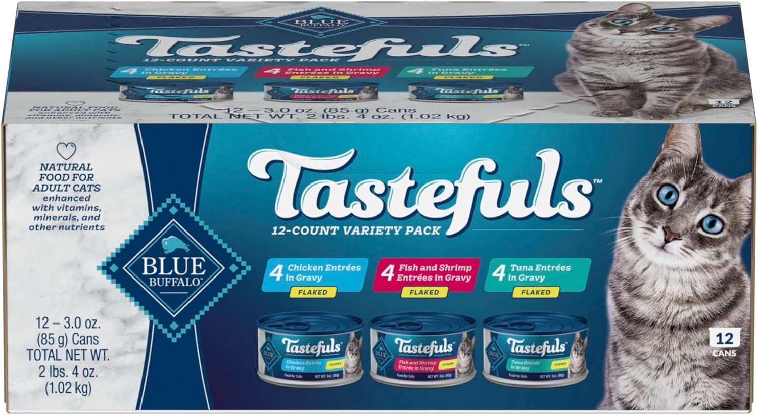 Blue Buffalo Tastefuls Flaked Adult Wet Cat Food Variety Pack (Tuna, Chicken, Fish & Shrimp), Natural Ingredients Enhanced with Vitamins, Minerals & Other Nutrients, 3-oz. Each (12 Cans)