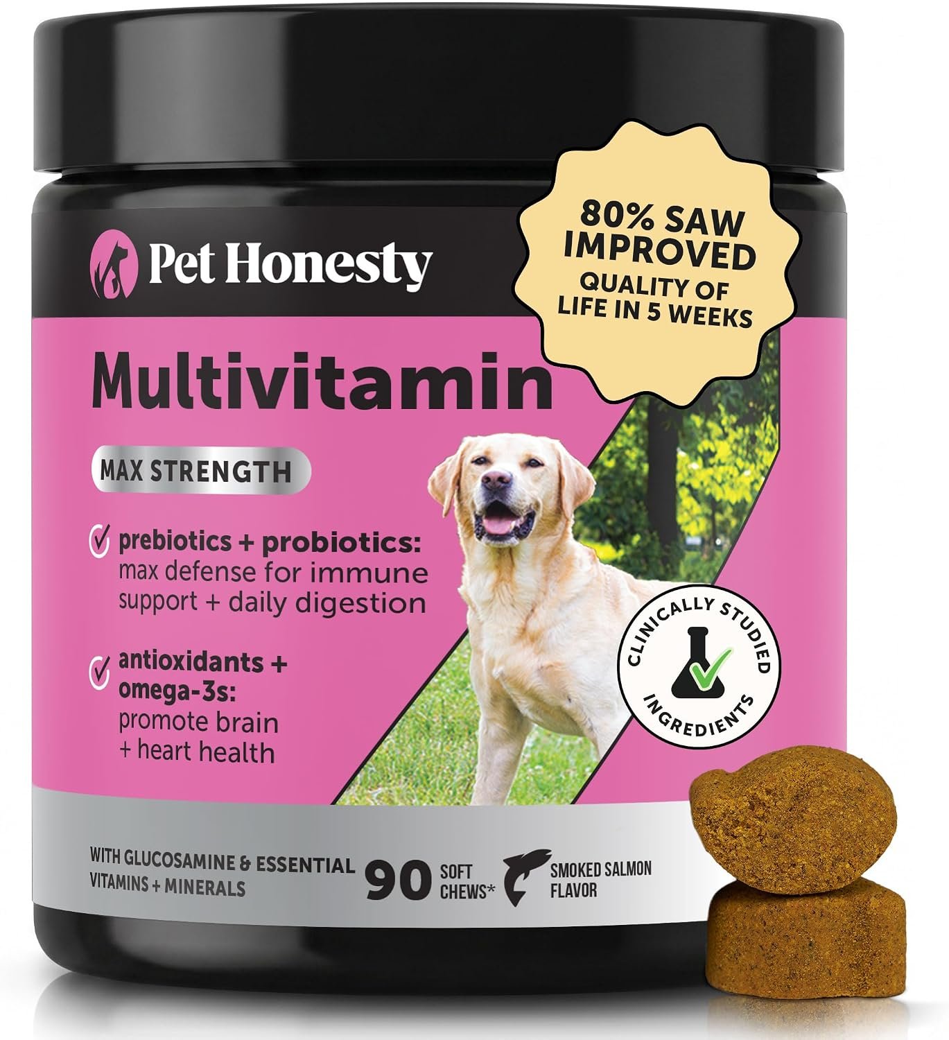 Max Strength Dog Multivitamin with Glucosamine & Probiotics – Advanced 15-in-1 Supplement for Hip & Joint Support, Digestive Health, Immune & Heart Care – High Potency Omega-3 Vitamins (Salmon, 90 Ct)