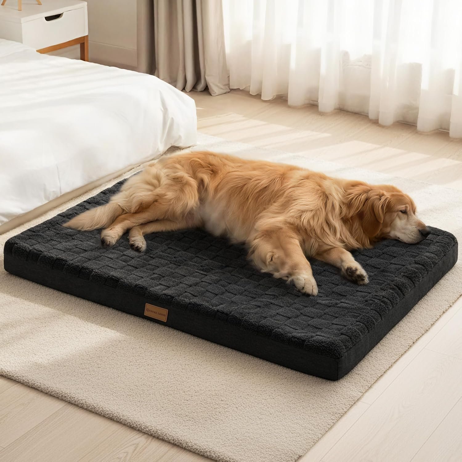 Patas Lague Orthopedic Dog Bed Large Sized Dog 36”X24”, Waterproof Soft Comfortable Egg Crate Foam Large Pet Beds Crate Mat with Removable Washable Cover and Nonskid Bottom, Black