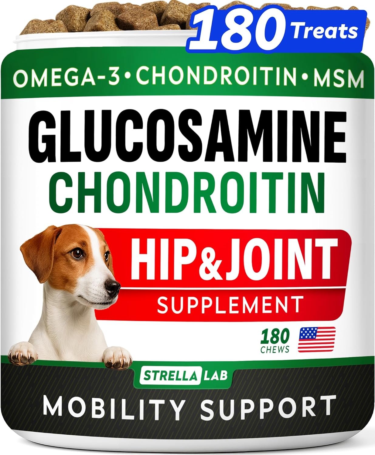 Glucosamine for Dogs w/Chondroitin – Hip & Joint Supplement for Dogs w/Omega-3 Fish Oil – Chondroitin MSM – Advanced Mobility Chews – Joint Pain Relief – Hip & Joint Care – Made in USA (180Ct)
