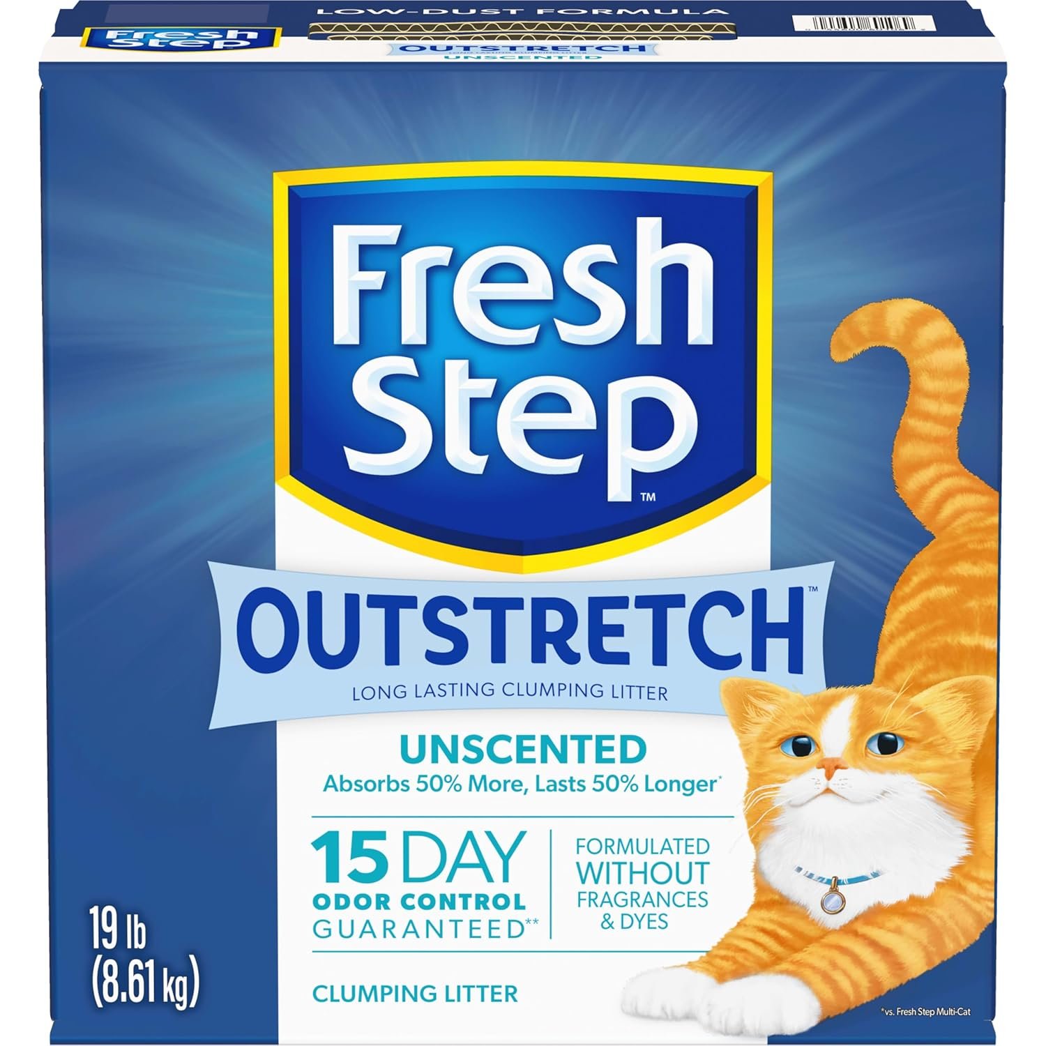 Fresh Step Outstretch Long Lasting Clumping Litter Simply Unscented, Activated Charcoal Litter Lasts 50% Longer, 19 lb. Box
