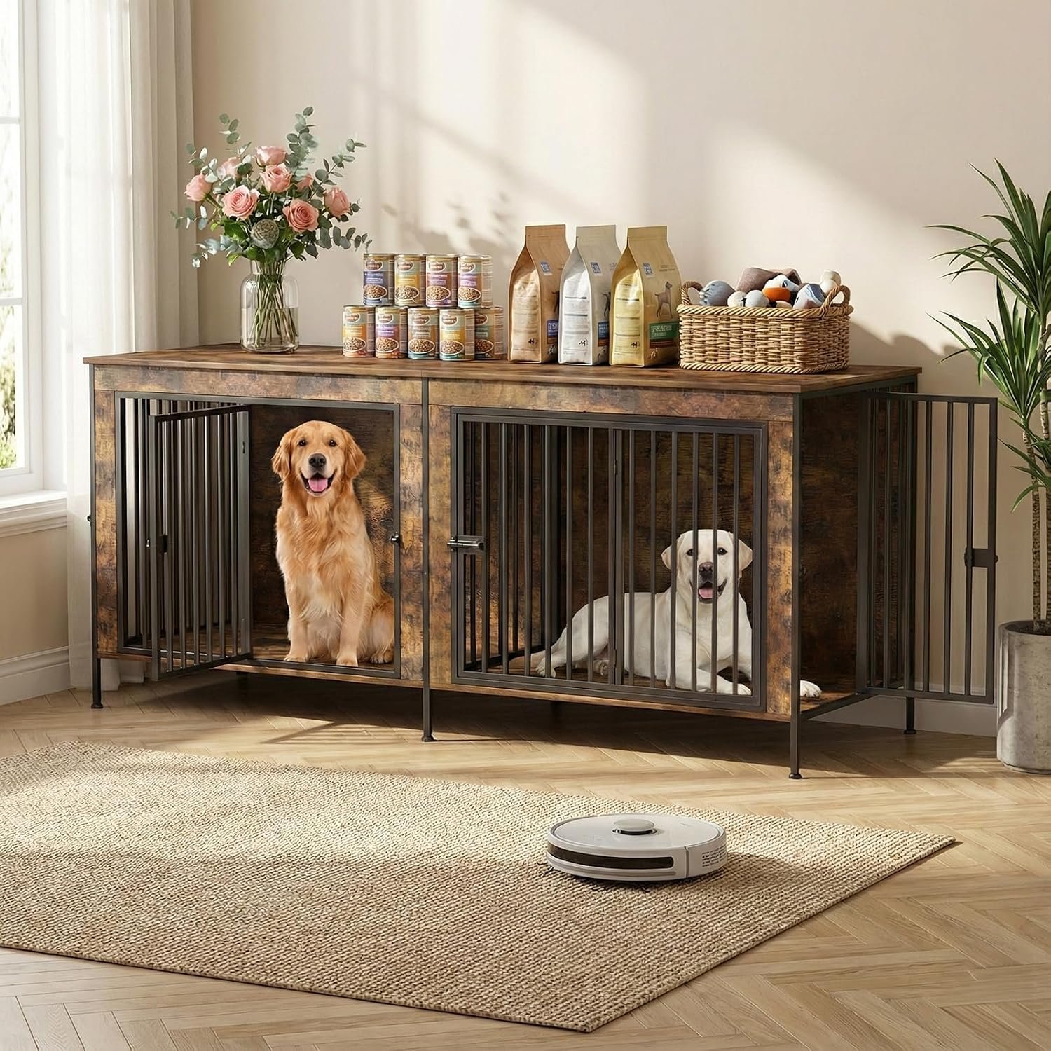Dog Crate Furniture 78″ Heavy Duty for 2 Large Dog, Sturdy Indoor Dog Kennel Table with 3 Doors, Elevated Robot Vacuum Friendly Base, Decorative Cage TV Stand & End Table, Rustic Brown