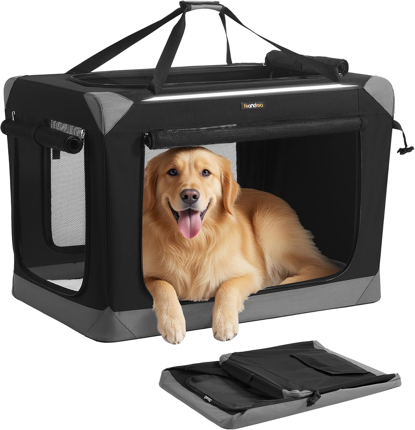 Feandrea Collapsible Dog Crate, Portable Oxford Fabric Pet Travel Crate with 4 Mesh Doors, Handles, Pocket, 36 Inches, for Large Dogs, Ink Black and Dove Gray UPDC029BH01