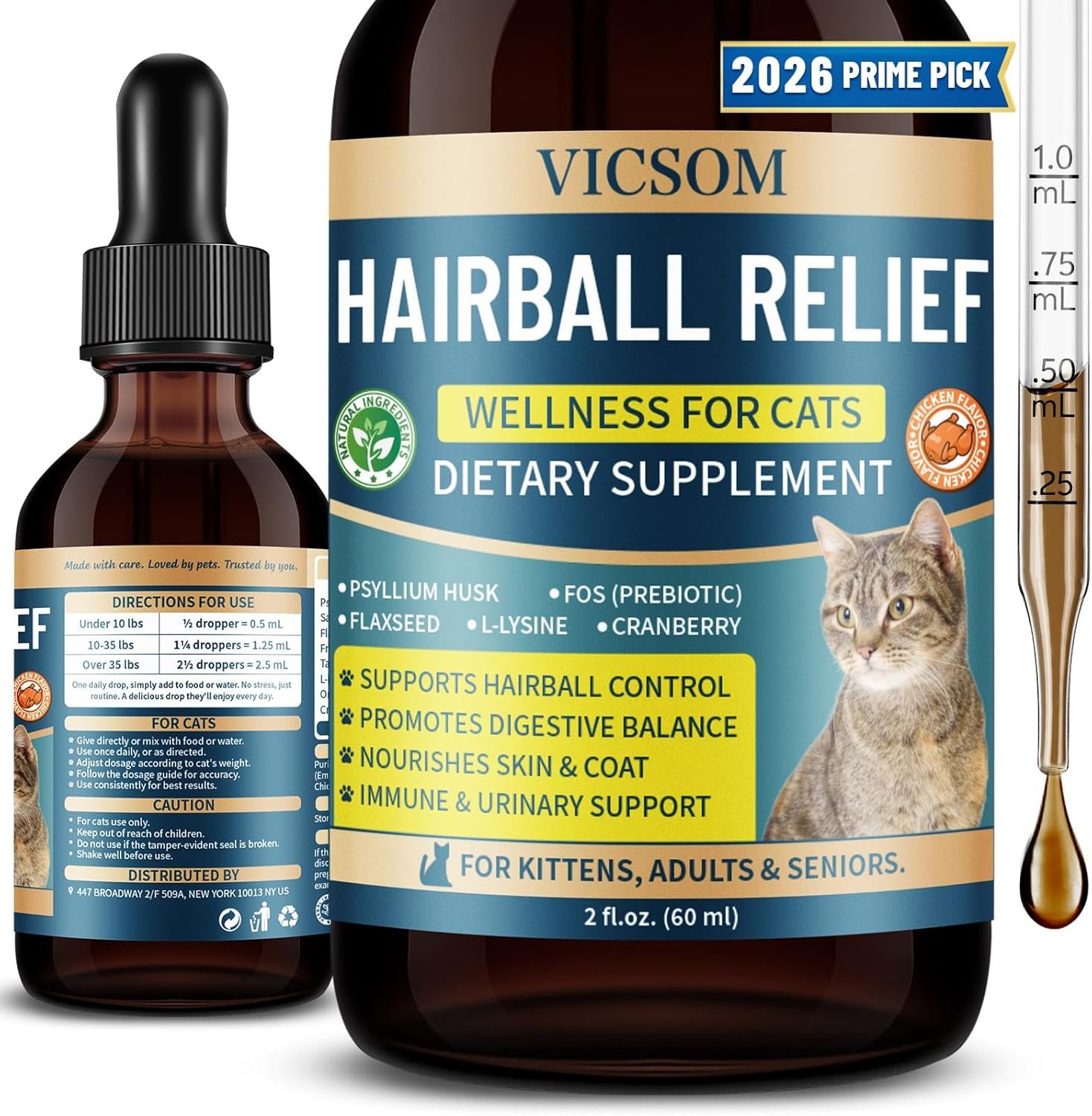 VICSOM Hairball Treatment for Cats, Cat Hairball Remedy for Cats Natural Eliminate and Prevent Hairball, Furball Control, Skin & Coat Care, Digestive Immune & Urinary Support, 60ml with Psyllium Husk