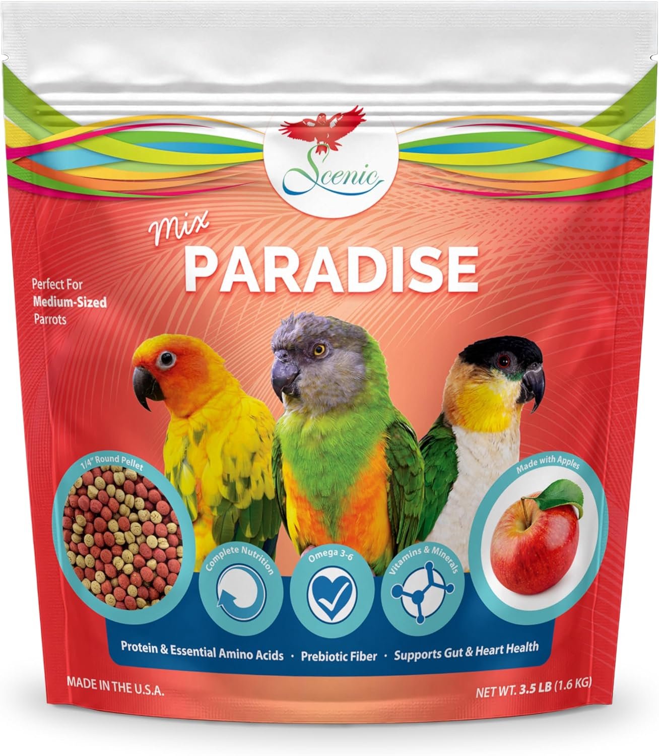 Scenic Mix Paradise Medium Parrot Food – 3.5 lb Bag – 1/4″ Bird Pellets – Complete Nutrition for Sun Conures, Pionus, Senegals, Caiques & More