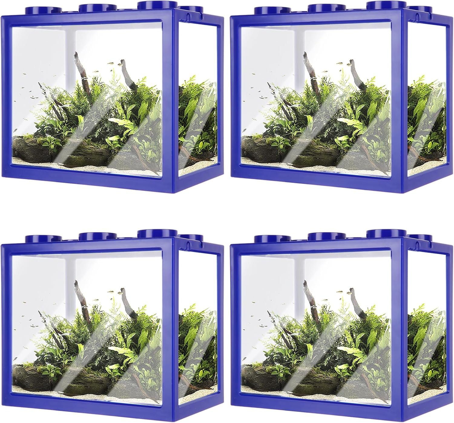 4PCS Plastic Small Betta Fish Tank, 0.6 Gallon Stackable Fish Bowl, Cube Fish Aquarium Tank for Shrimp, Turtle, Small Crab (Blue)