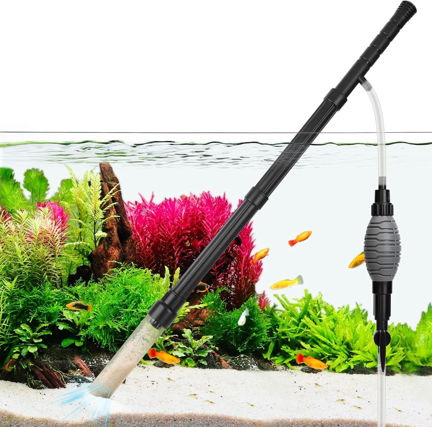 AQQA Gravel Vacuum for Aquarium Siphon – Adjustable Flow Fish Tank Cleaner with Handle, Manual Siphon Pump Water Changer Sand Rock Suction Cleaner, Upgraded Hard Hose with Threaded Connection (S)