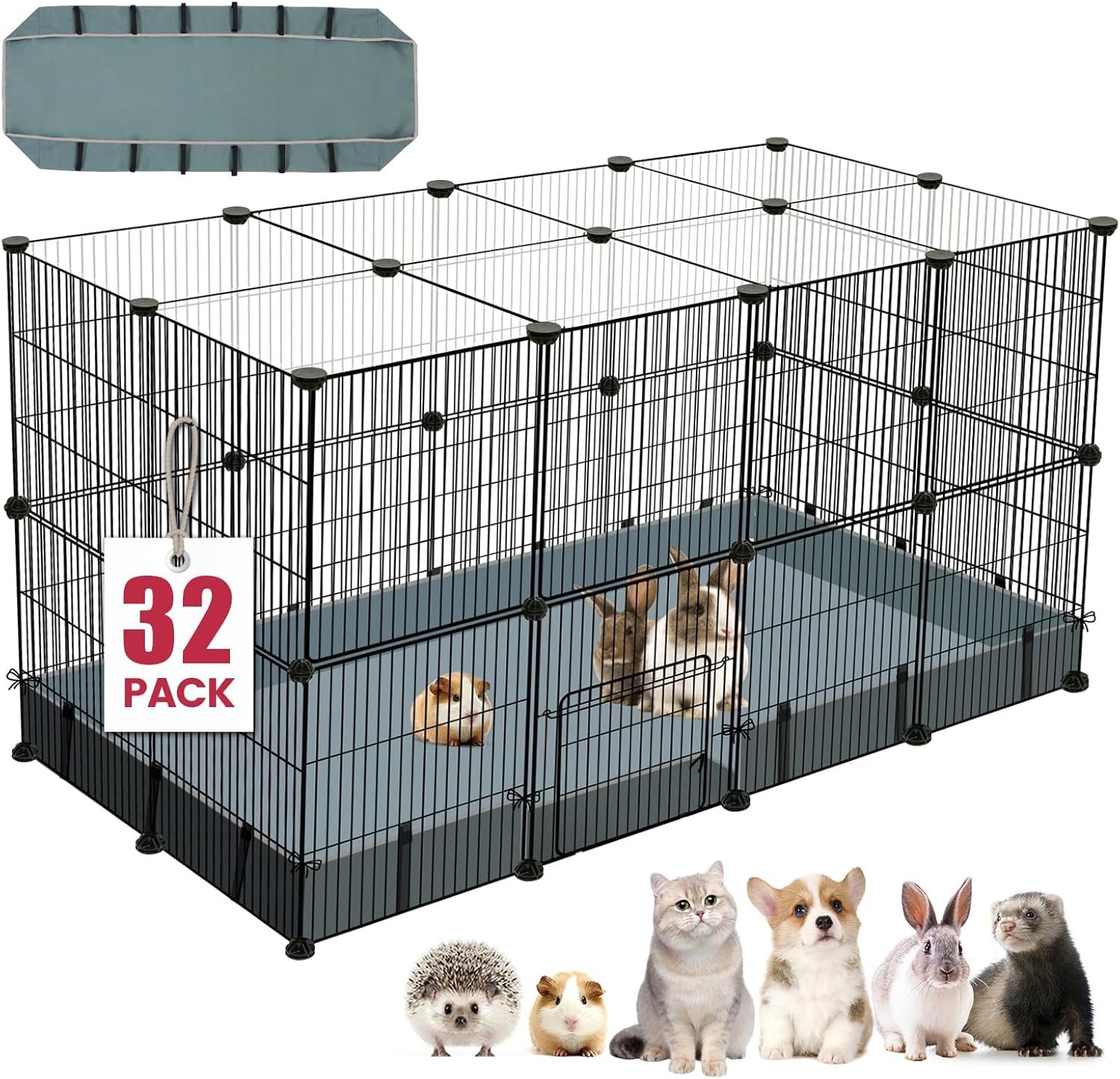 32 Panels Small Animal Playpen,47.5″ x 23.7″ x 31.5″ Pet Playpen with Upgrade Waterproof Mat,C&C Cage for Guinea Pigs, Rabbit/Bunny Cage, Bunny/Puppy Play Pen, Indoor Outdoor Portable Metal Fence