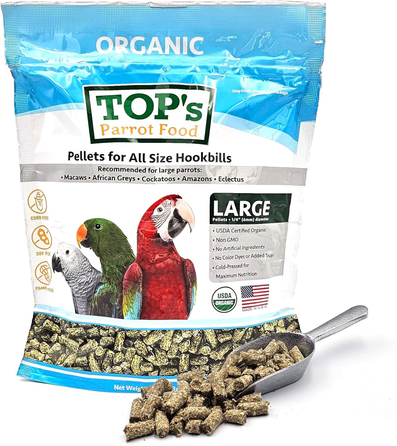 TOP’s Parrot Food Pellets Hookbills, Small, Medium, Large Birds – Non-GMO, Peanut Soy & Corn Free, USDA Organic Certified – 1 lb / 453 g