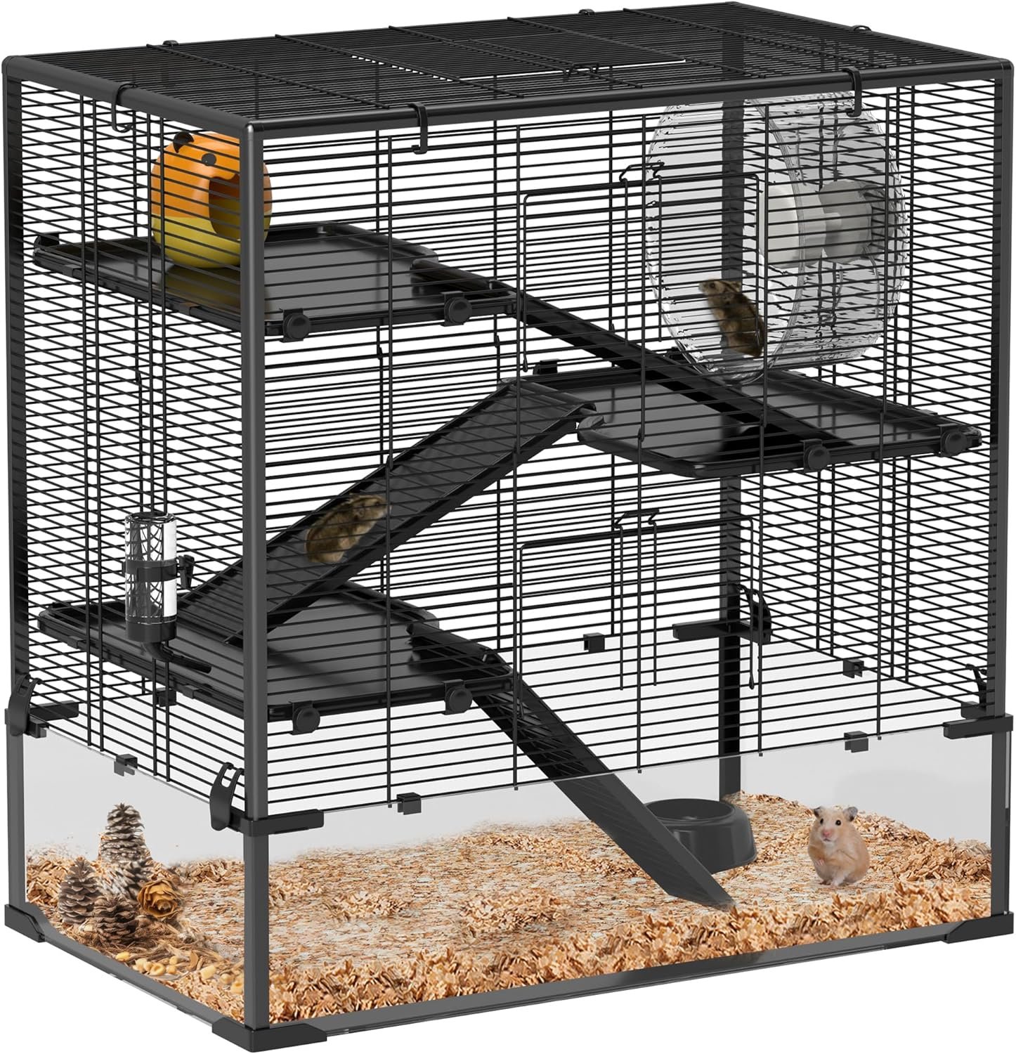 PawHut Large Hamster Cage with 9″ Deep Tempered Glass Bottom, 4 Tiers Hamster Tank with Running Wheel, Hut, Water Bottle, Dish, Rat Cage for Syrian, Dwarf, Gerbils, Mouse, 31″ x 19″ x 31.5″, Black
