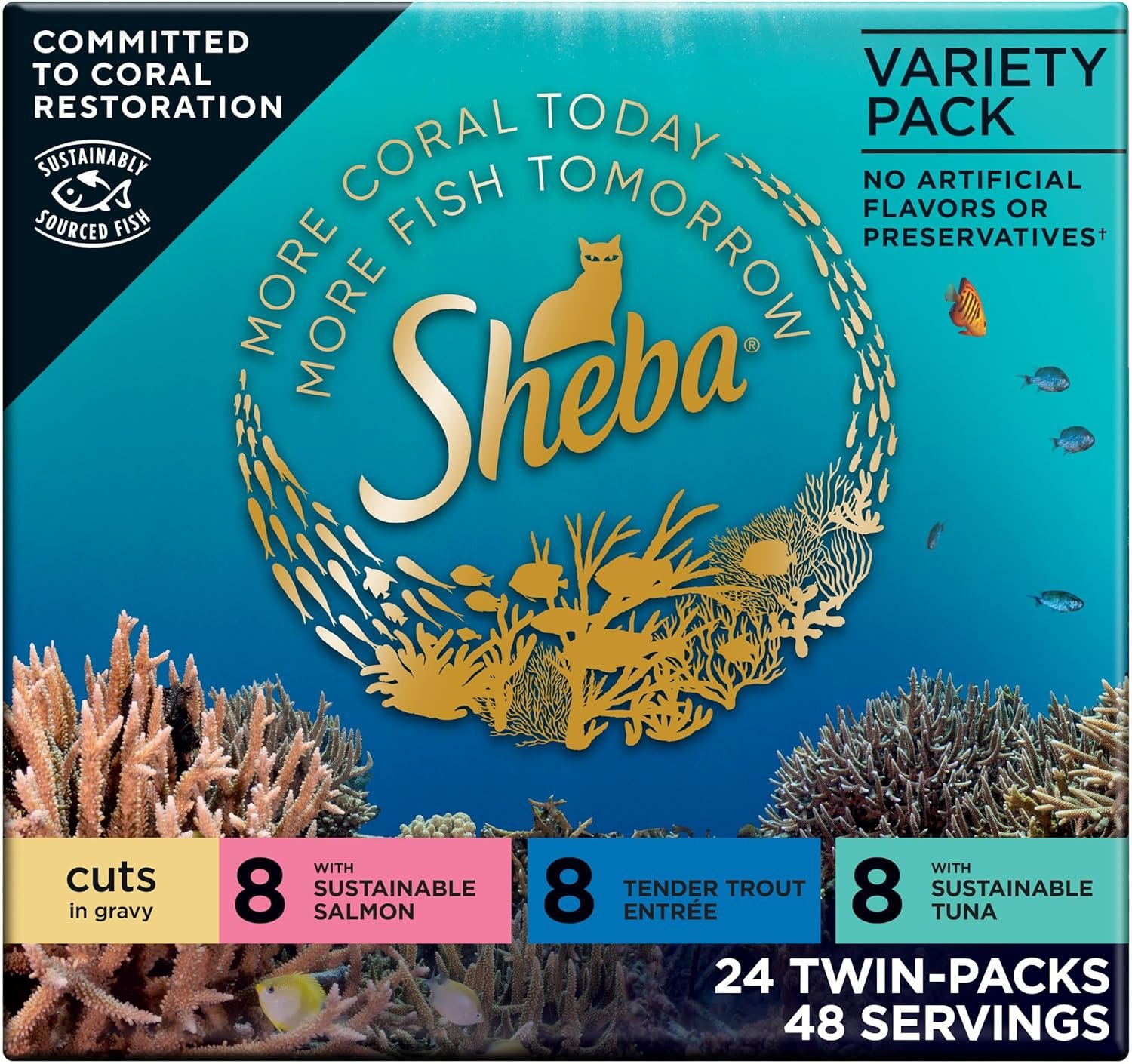Sheba Perfect Portions Wet Cat Food Cuts in Gravy, with Sustainable Salmon, Tender Trout Entree, and with Sustainable Tuna, 2.6 oz. Twin-Pack Trays (24 Count, 48 Servings)