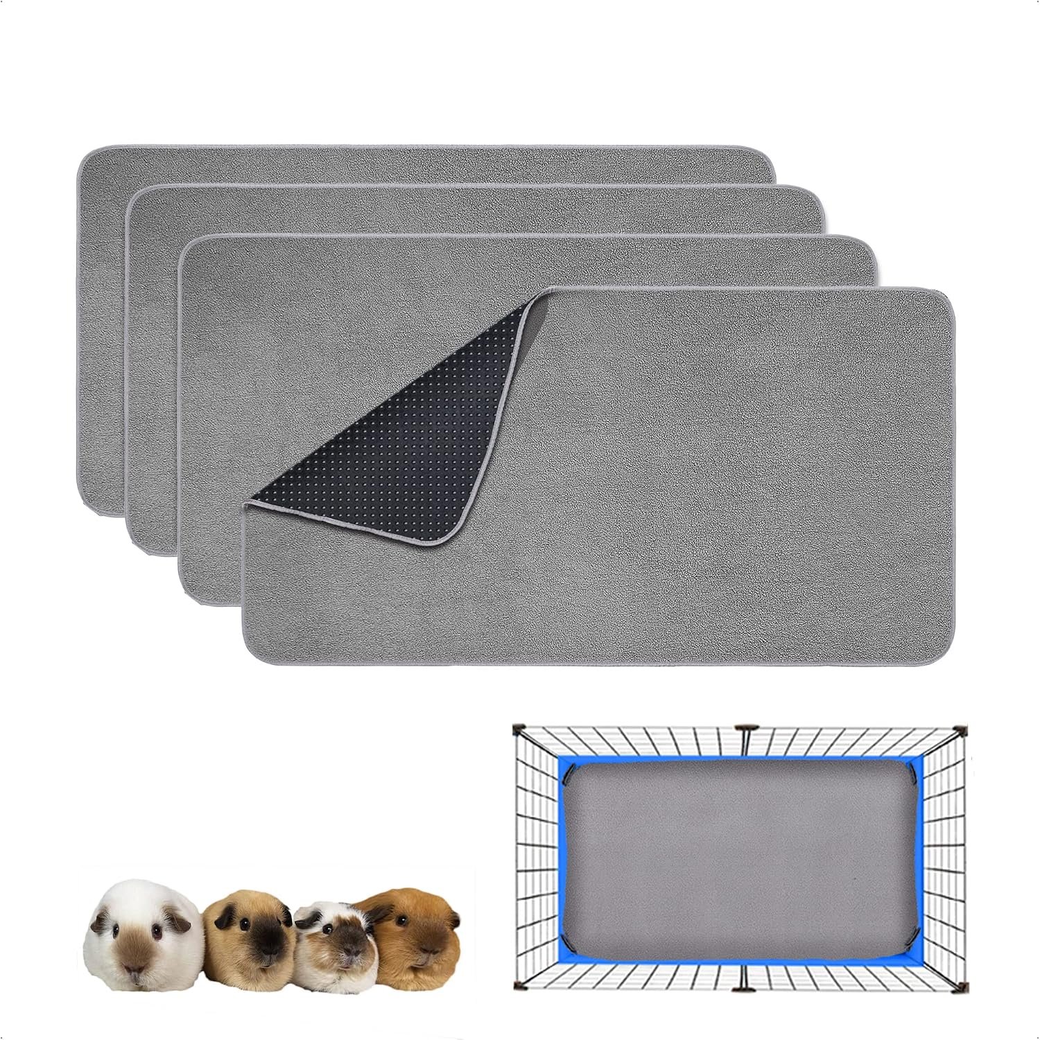 Guinea Pig Cage Liner, 4 Pack – Washable, Reusable, Leakproof Fleece Bedding Pads for Small Animals with Anti-Slip Bottom – for 15”X29” Area, Gray