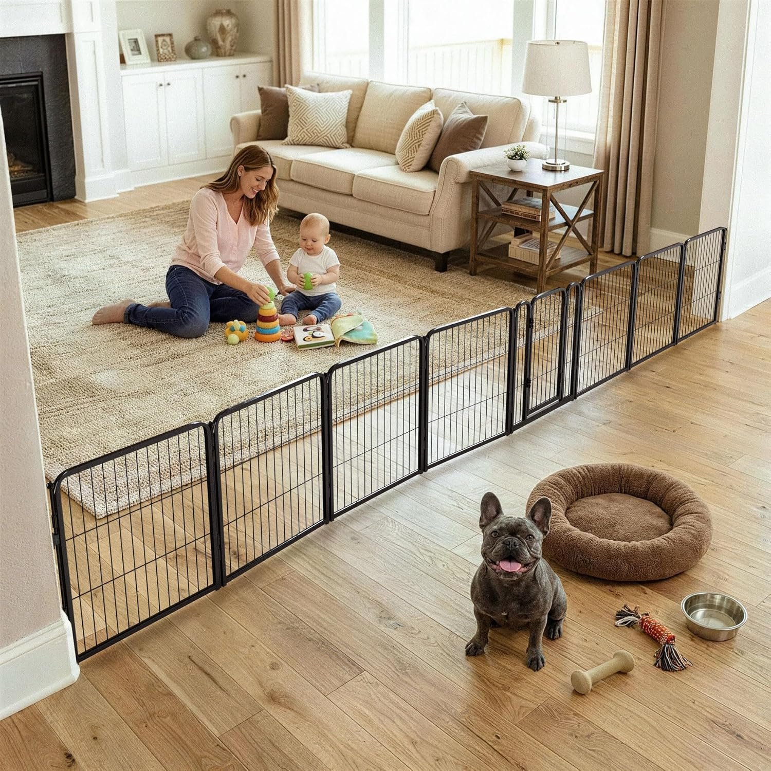 FXW Dog Gate Extra Wide Designed for Indoor Use, Adjustable Width Up to 183-inch Wide (24″ H 8 Wire Panels for Puppies and Small Dogs), Black