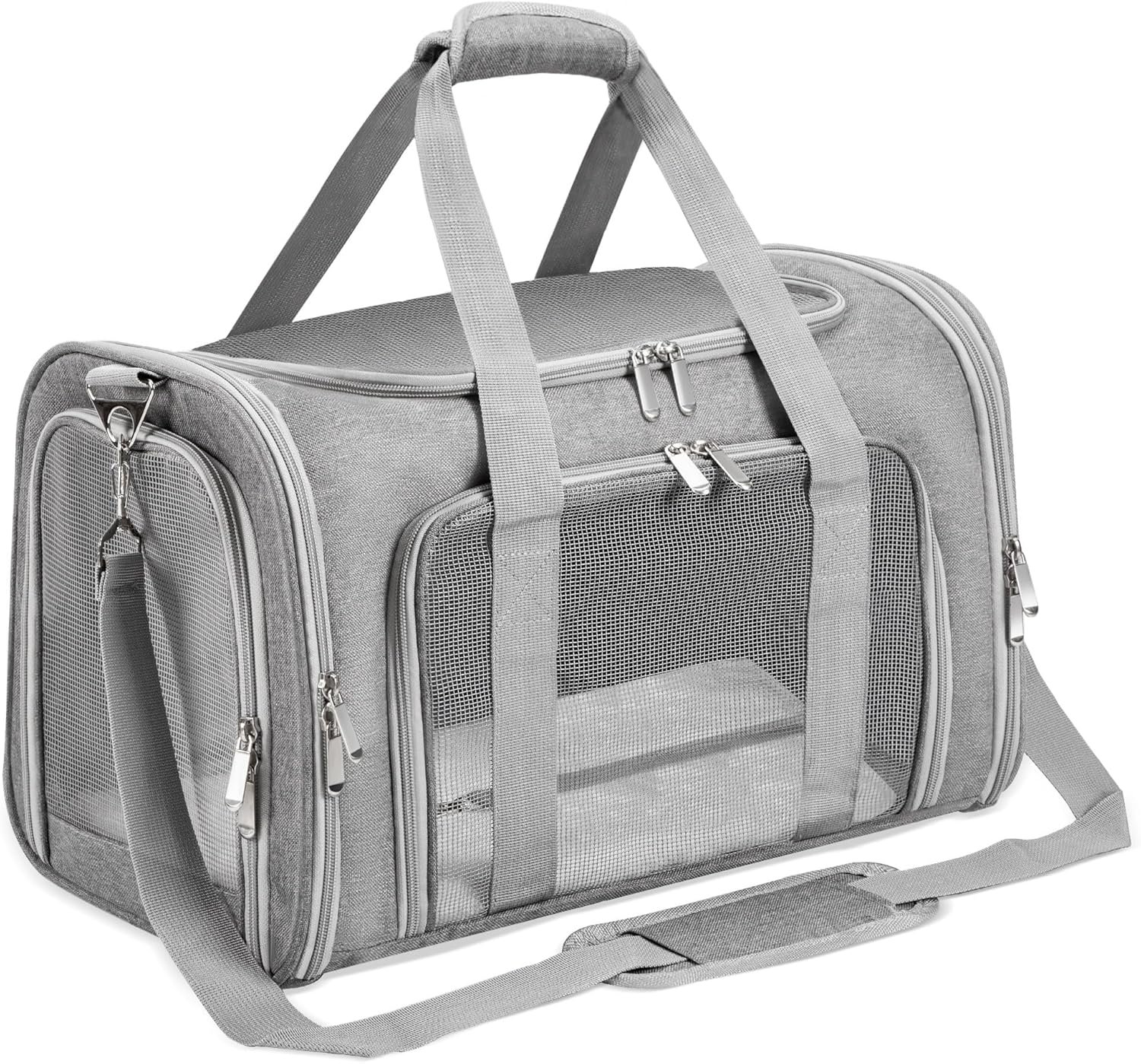 Soft-Sided Cat/Dog/Pet Carrier, Collapsible Pets Travel Carriers for Big Cats/Small Dogs with Shoulder Strap & Removable Mat, Mesh Puppy Carry Bag, Up to 16 Lbs, TSA Airline Approved(Gray)