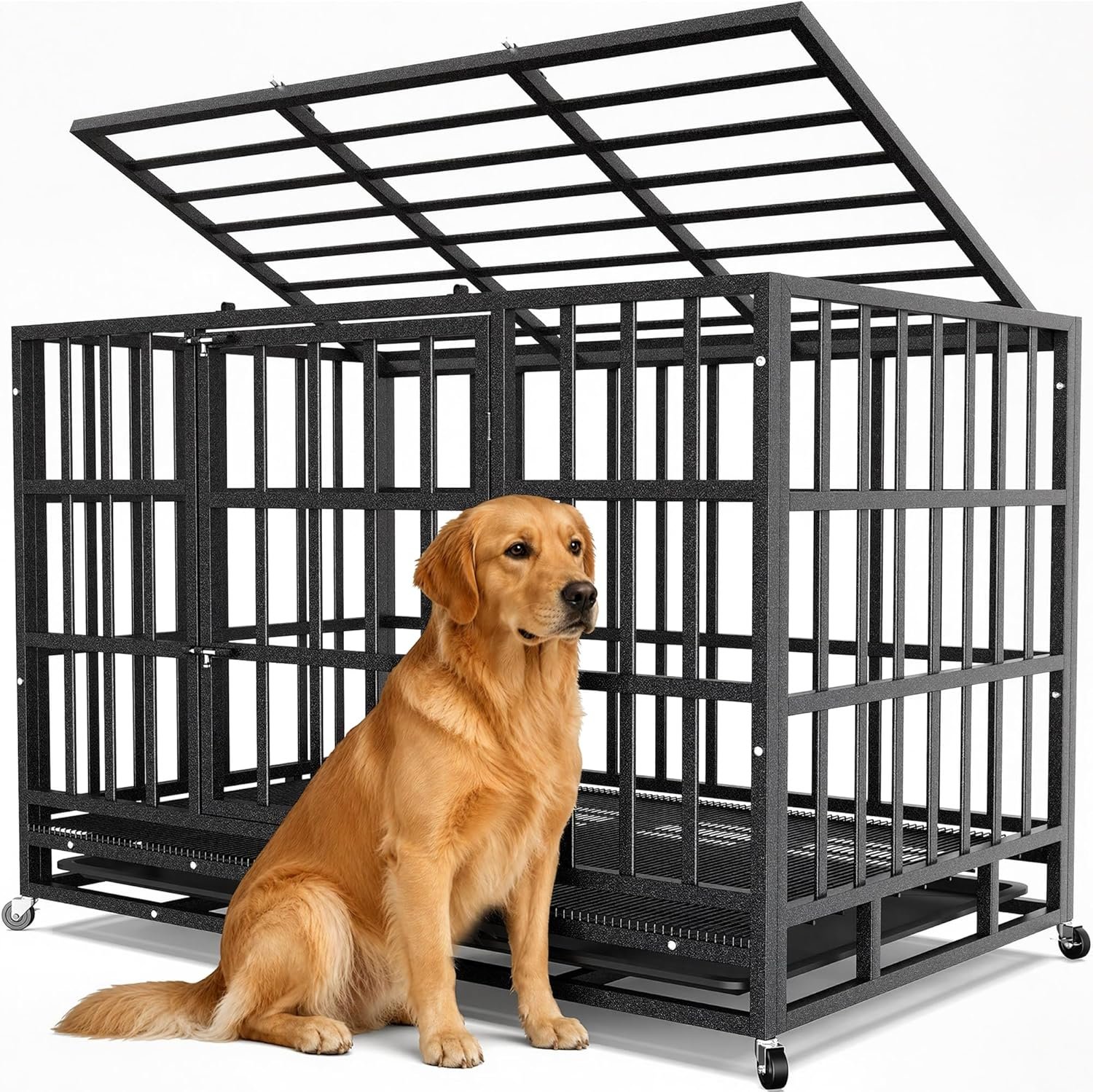 Hiwokk 42 Inch Heavy Duty Dog Crate, Indestructible Escape-Proof Dog Kennel for High Anxiety Large Dogs, Strong Metal Pet Cage with Double Doors, Lockable Wheels & Removable Tray, XL XXL XXXL
