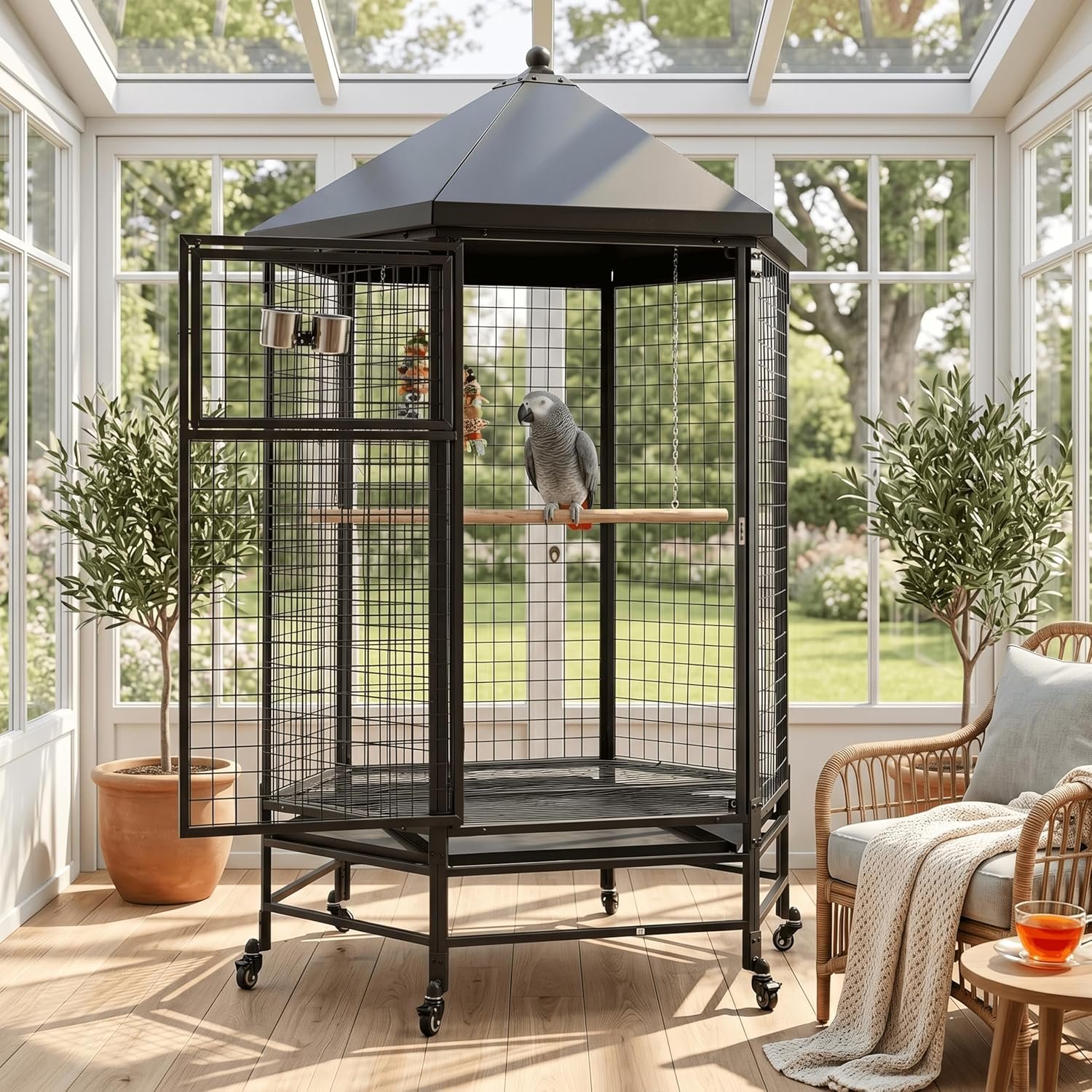 69″ Extra Large Bird Cage for Parrots, Heavy Duty Metal Aviary on Wheels with Rolling Stand & Slide-Out Trays for African Greys, Cockatoos, Conures, Macaws, Indoor Outdoor, Black