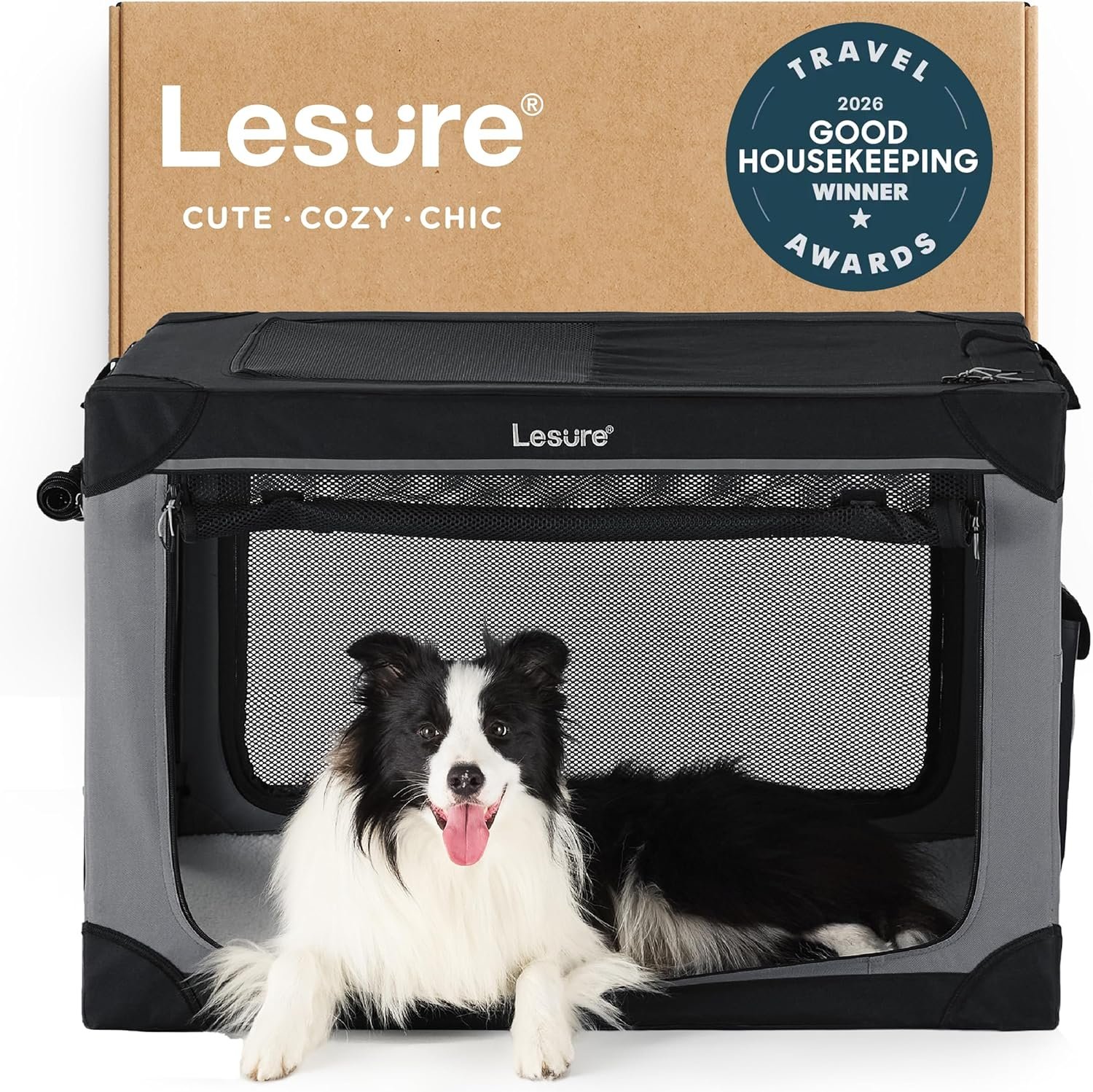 Lesure Shown on TODAY Show Soft Collapsible Dog Crate – 36 Inch Portable Travel Crate for Large Dogs Indoor & Outdoor, 4-Door Foldable Pet Kennel with Mesh Windows, Black