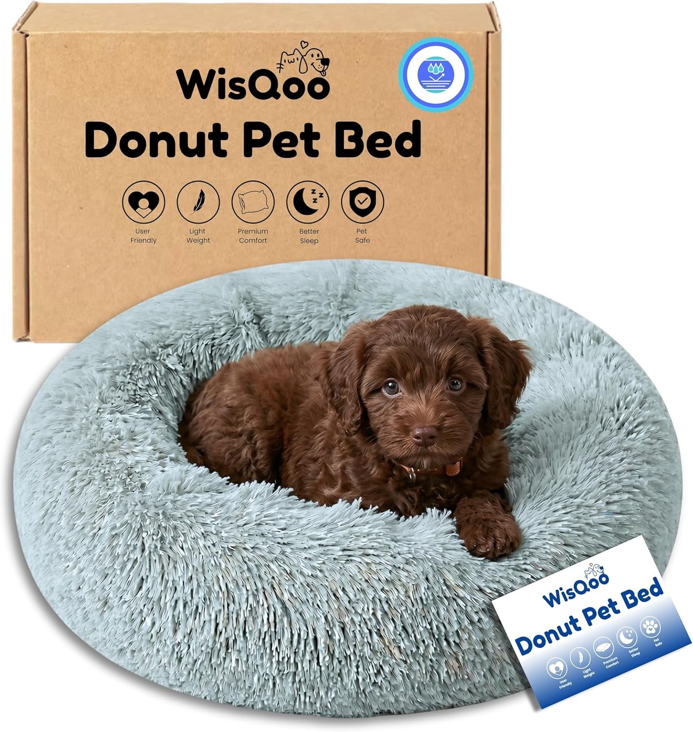 Calming Donut Dog Bed – Faux Fur Anti-Anxiety Pet Bed with Removable Washable Cover & Water-Resistant Liner – Plush Fluffy Round Nest, Non-Slip Bottom for Dogs & Cats – Small, Grey