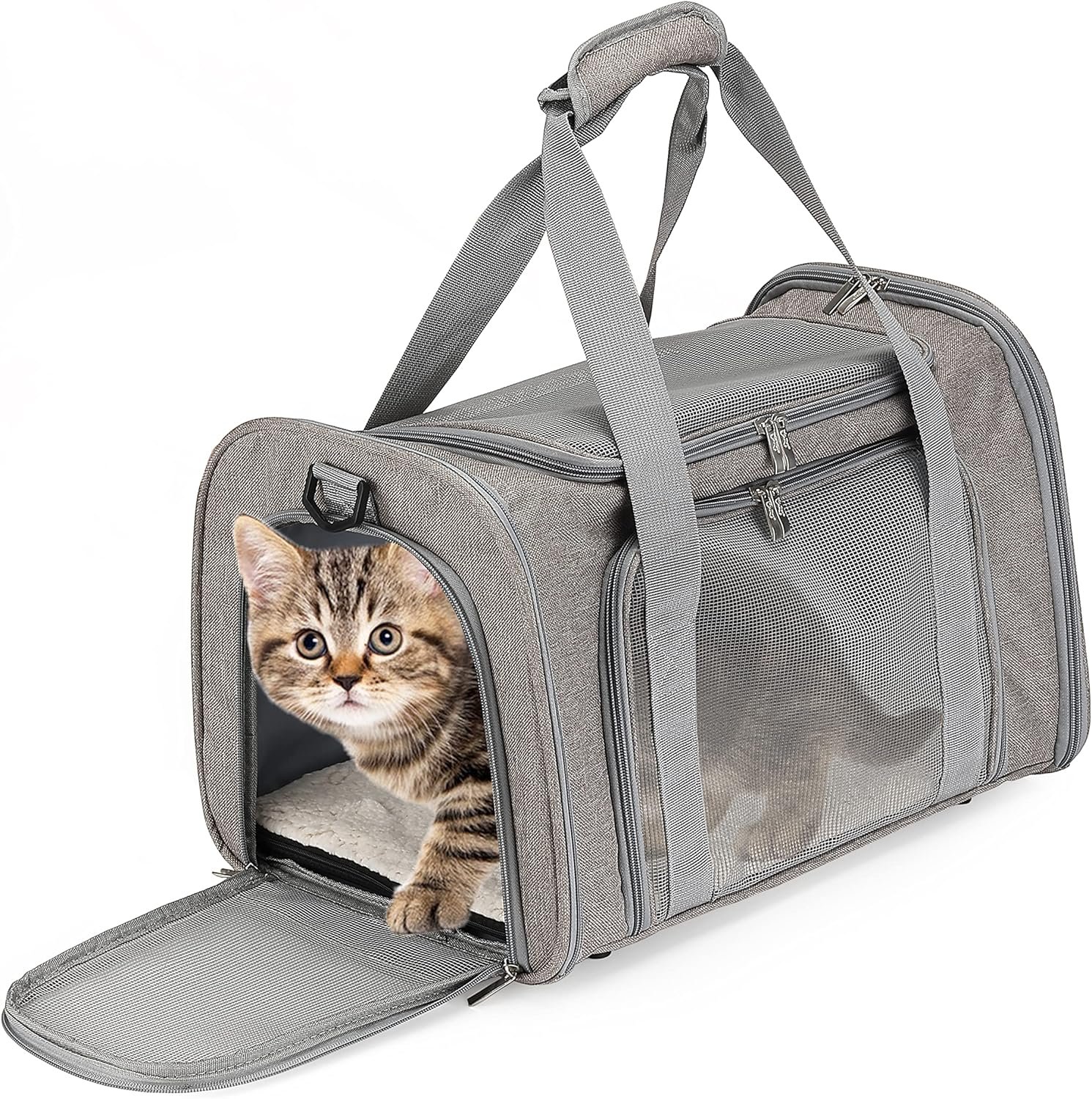 Mr. Pen- Pet Carrier, 17.5″ x 11.2″ x 11.5″, Medium Size, Gray, Portable Travel Carrier for Small Pets, Cats & Small Dogs, Breathable Mesh, Safety Inner Leash, Side Pocket & Padded Shoulder Strap