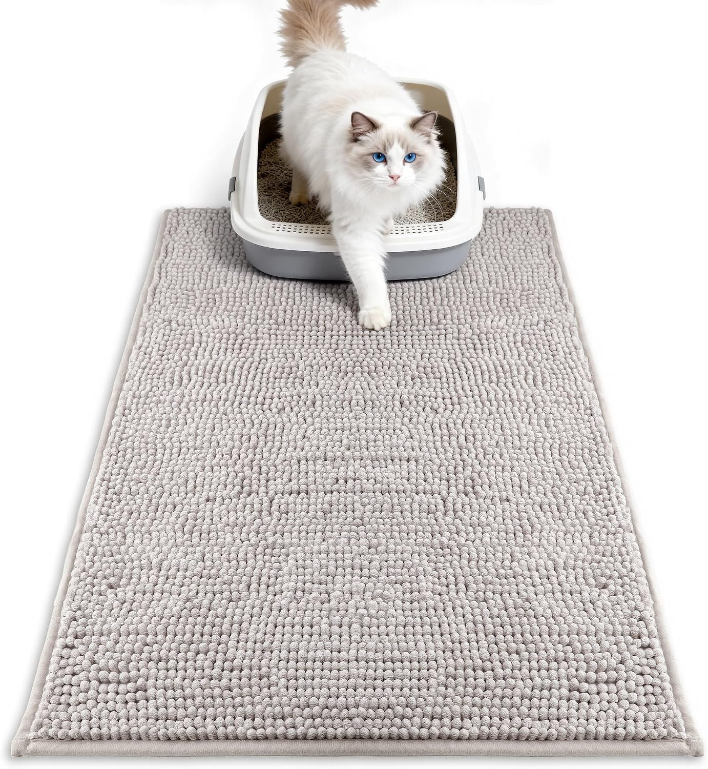 Pieviev Chenille Cat Litter Mat for Litter Box, 28″x22″ Soft Ultra Absorbent Mat, Waterproof & Non-Slip, Easy to Clean Litter Trapping Mat for Indoor Cats, Gray