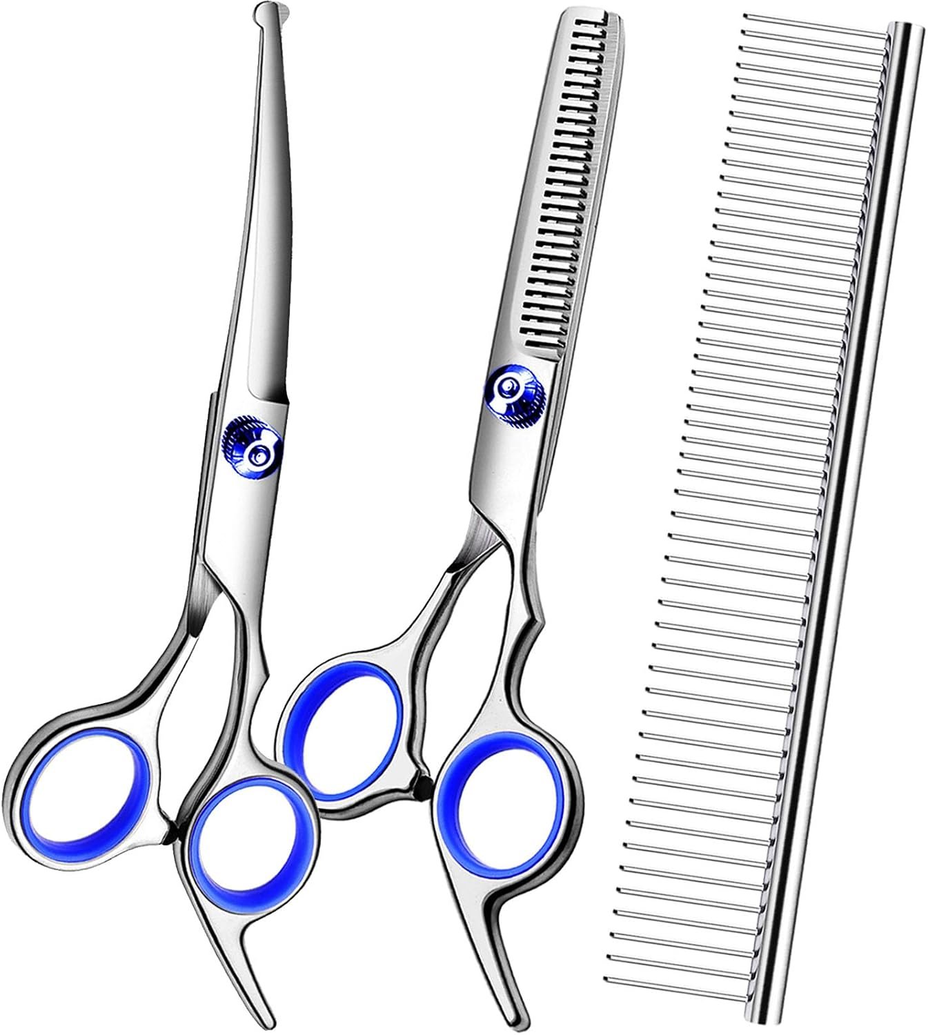 Dog Grooming Scissors Kit, Premium Stainless Steel Dog Shears with Curved Shears, Sharp Durable for Dogs Cats+Blue 3 Piece