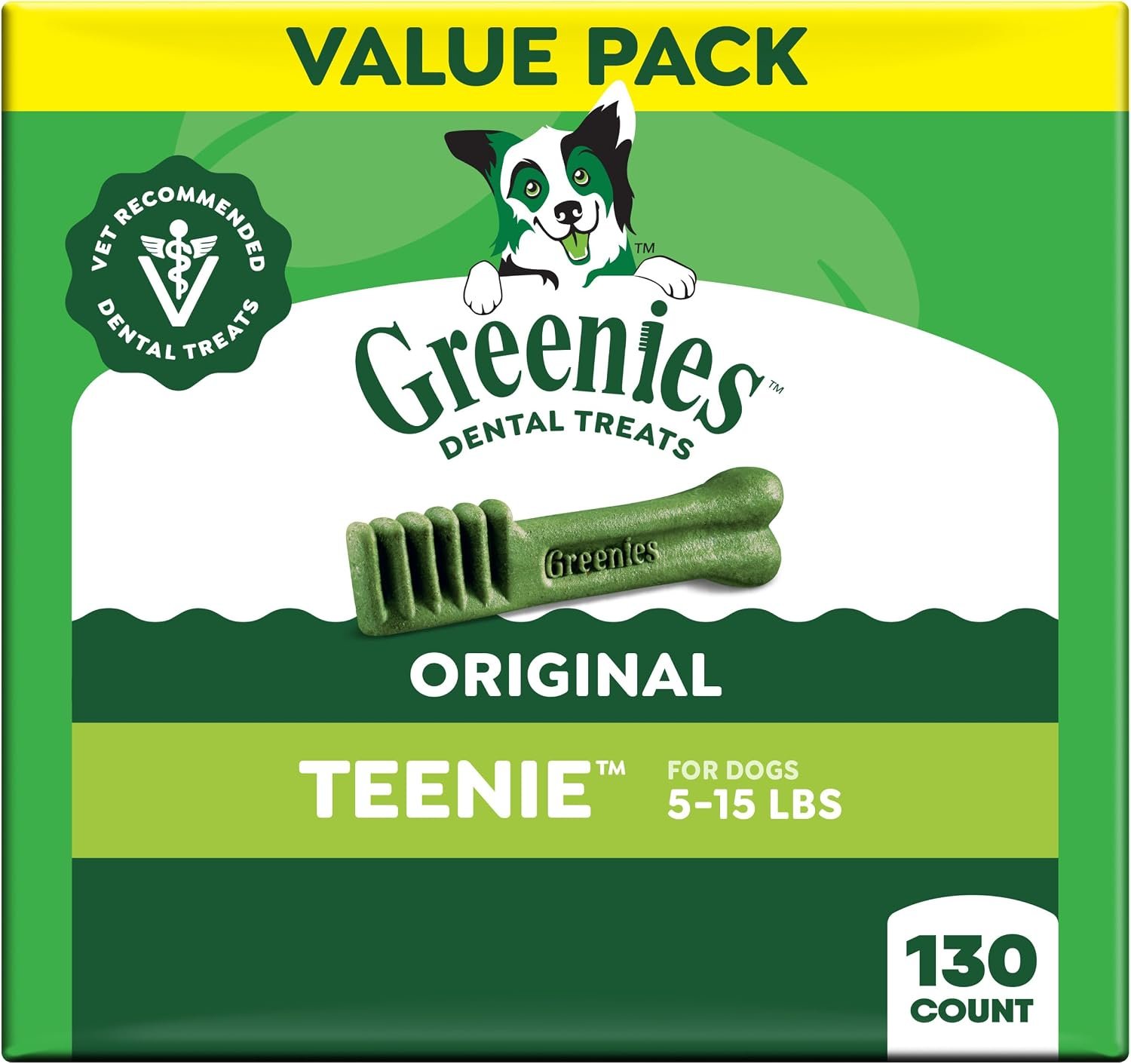 Greenies Teenie Original Natural Dental Dog Treats, Chicken, 130 Count | Clinically-proven, veterinarian-recommended, 47% less tartar & 40% less plaque in 28 days, for dogs 5-15 lbs, 36 oz. Pack