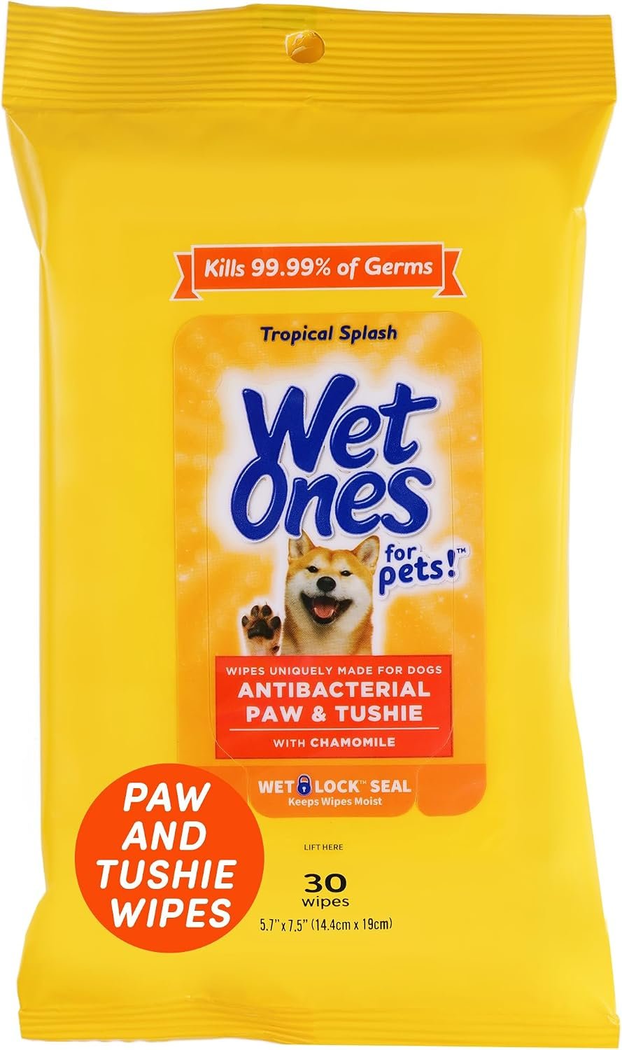 Wet Ones for Pets Paw and Tushie Dog Wipes, Tropical Splash, 30 Count | Chamomile-infused wipes, wet-lock seal, tropical splash scent, paws and butt cleanup