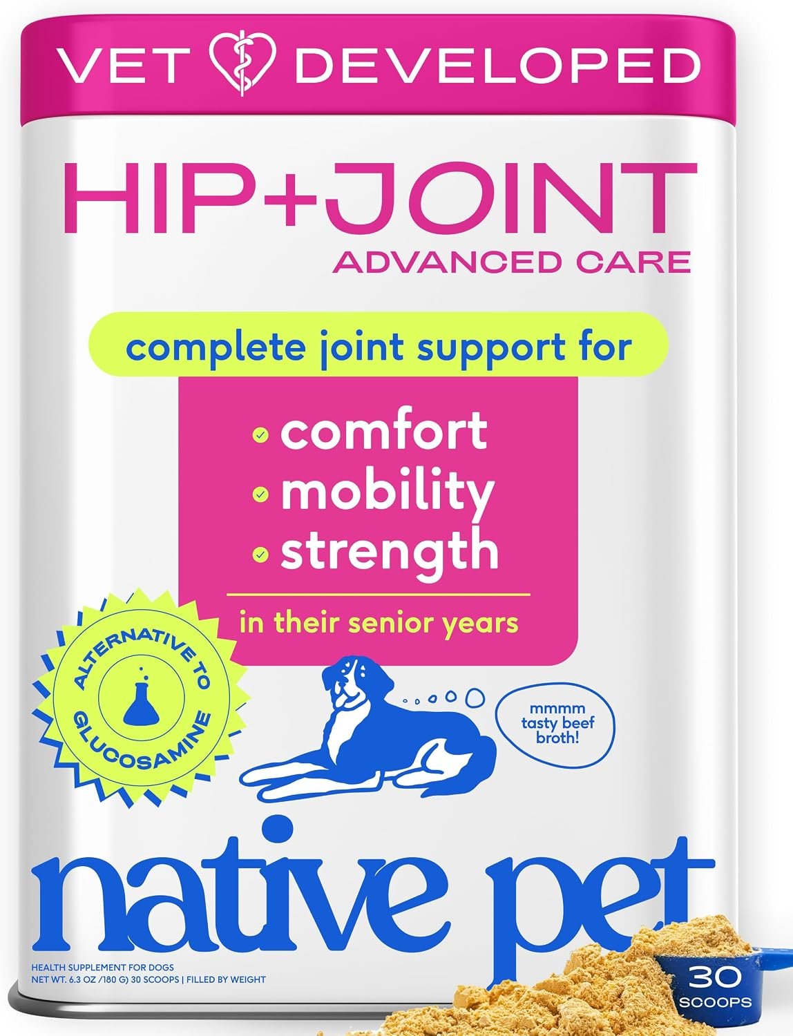 Native Pet Hip & Joint Advanced Care Dog Joint Supplement Powder for Mobility & Movement Support, Joint Supplement for Dogs with HMB, UC-II Collagen, Green Lipped Mussel & Hyaluronic Acid – 30 Scoops